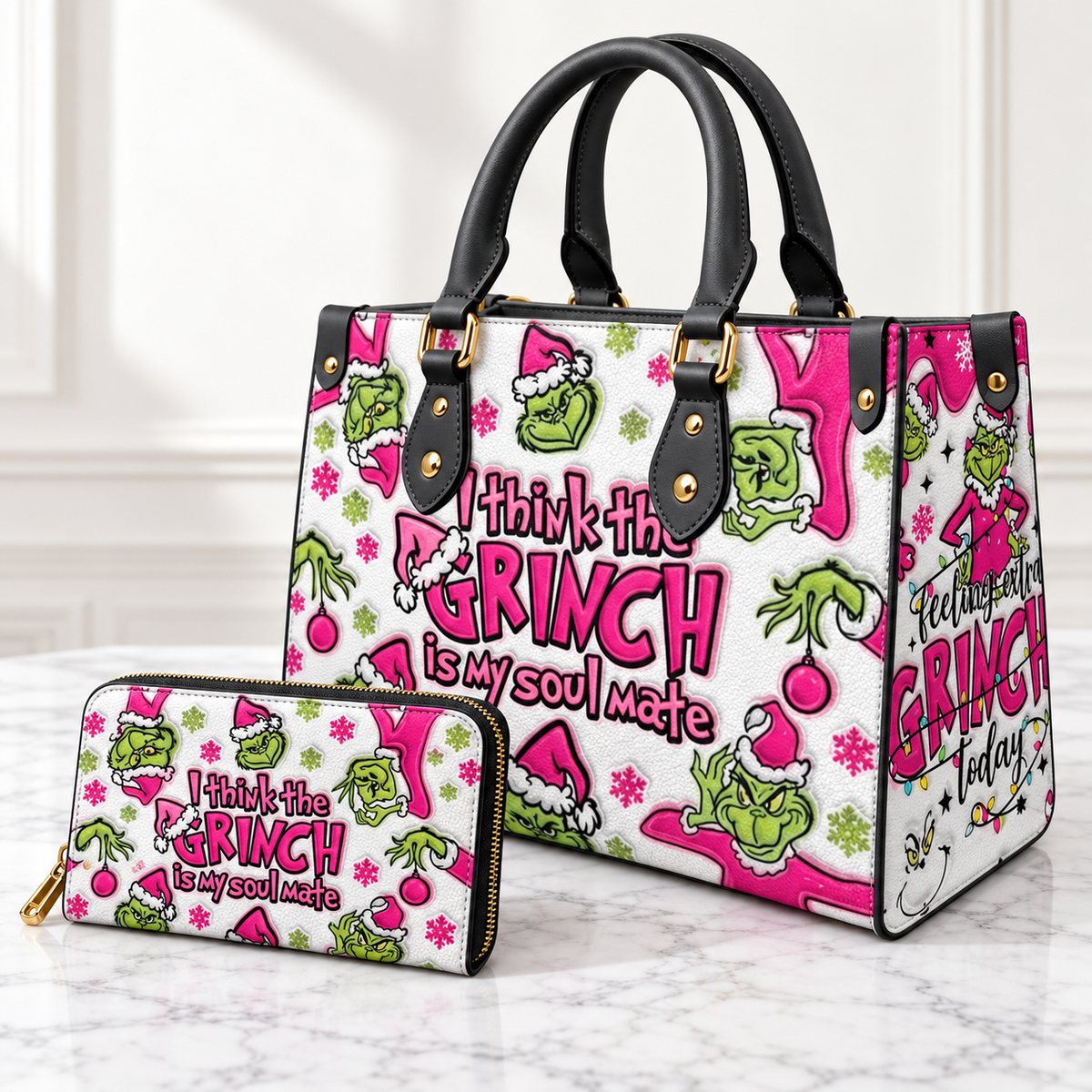 Pink Grinch Soulmate Pattern Leather Handbag, Grinch Christmas Leather Tote Bag, Grinch Wallet Purse, Christmas Bag Gift GBAG07