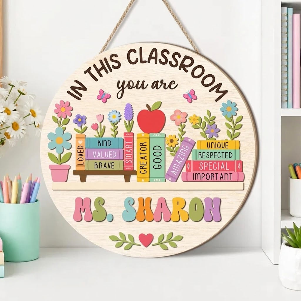 Custom Teacher Name Floral Door Sign, Personalized Classroom Door Hanger, 3D Wooden Decoration, Back to School Gift, Teacher Gifts. DHPETAL03
