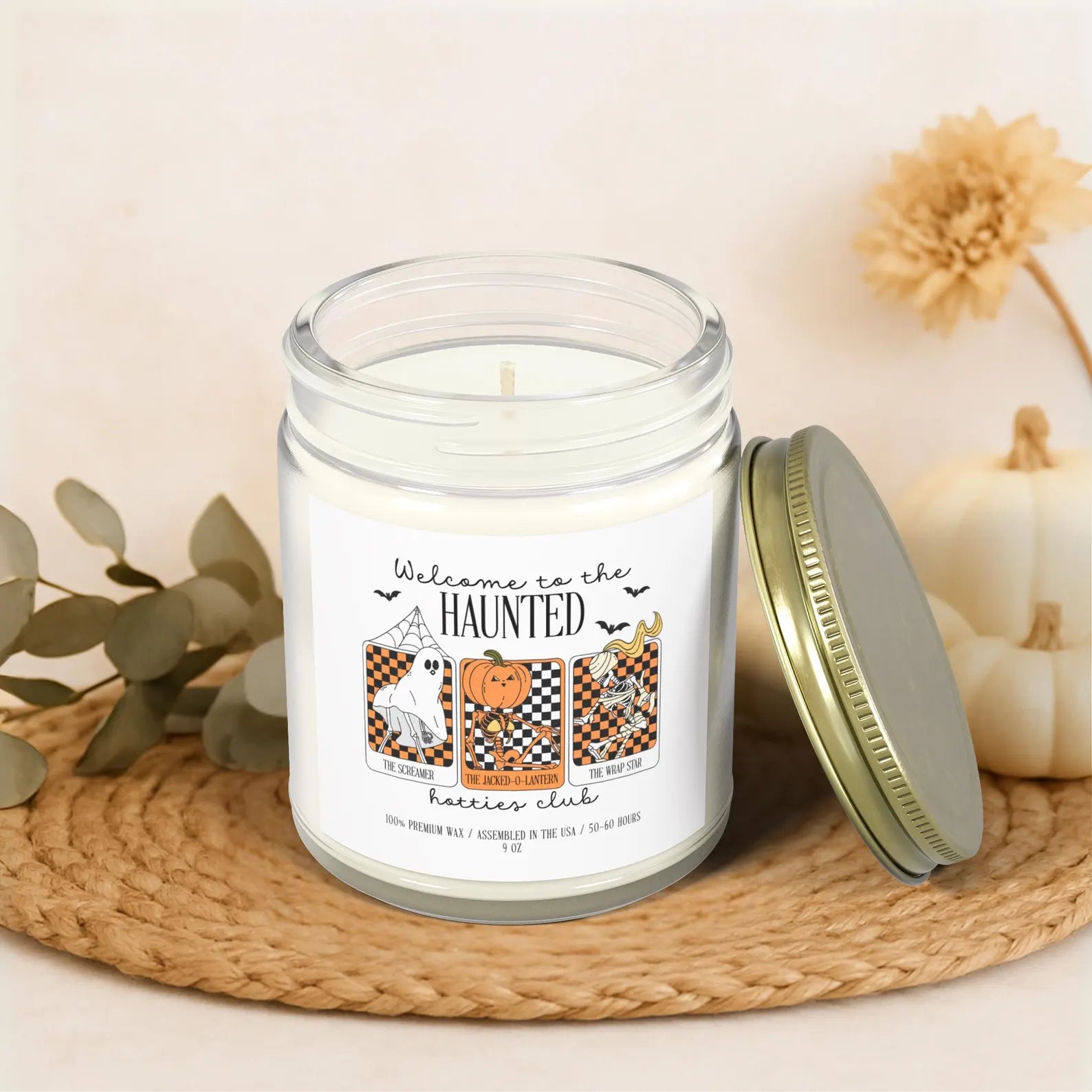 Haunted Hotties Halloween Candle – Funny Skeleton Ghost Pumpkin Scented Soy Candle, Spooky Cute Fall Decor, Witchy Gift Idea. SCPETAL8