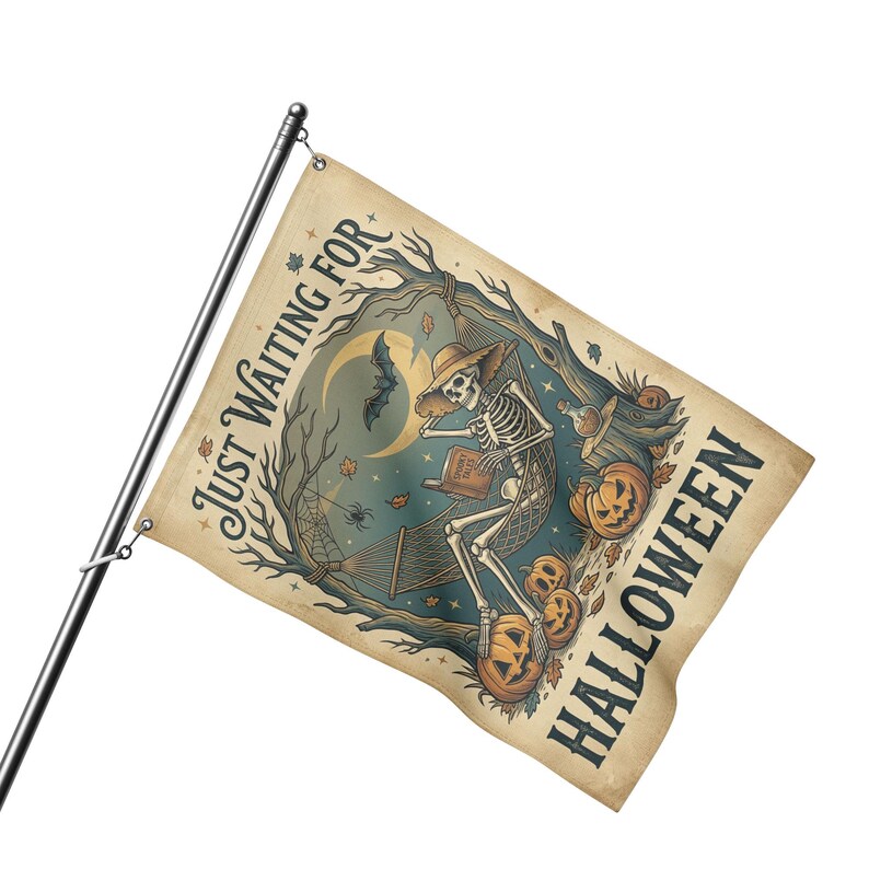 Just Waiting For Halloween Garden Flag, Skeleton Hammock Yard Flag, Spooky Pumpkin Halloween Decor, Witchy Fall Porch Flag. HLWGFPETAL12