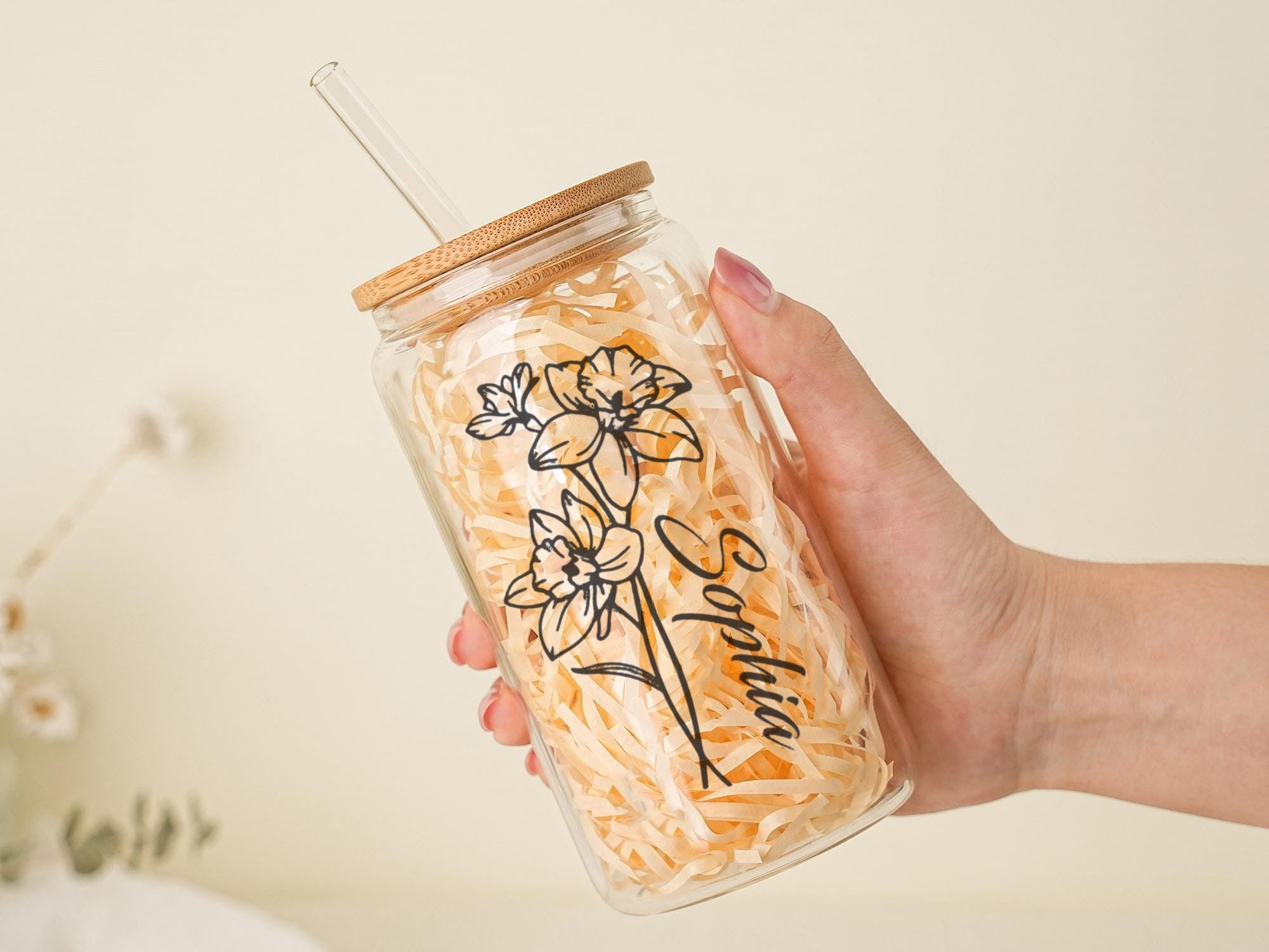 Personalized Glass Tumbler with Name & Flower Design, Custom Bamboo Lid Cup with Straw, Bridesmaid Gift, Birthday Gift, Christmas Gift