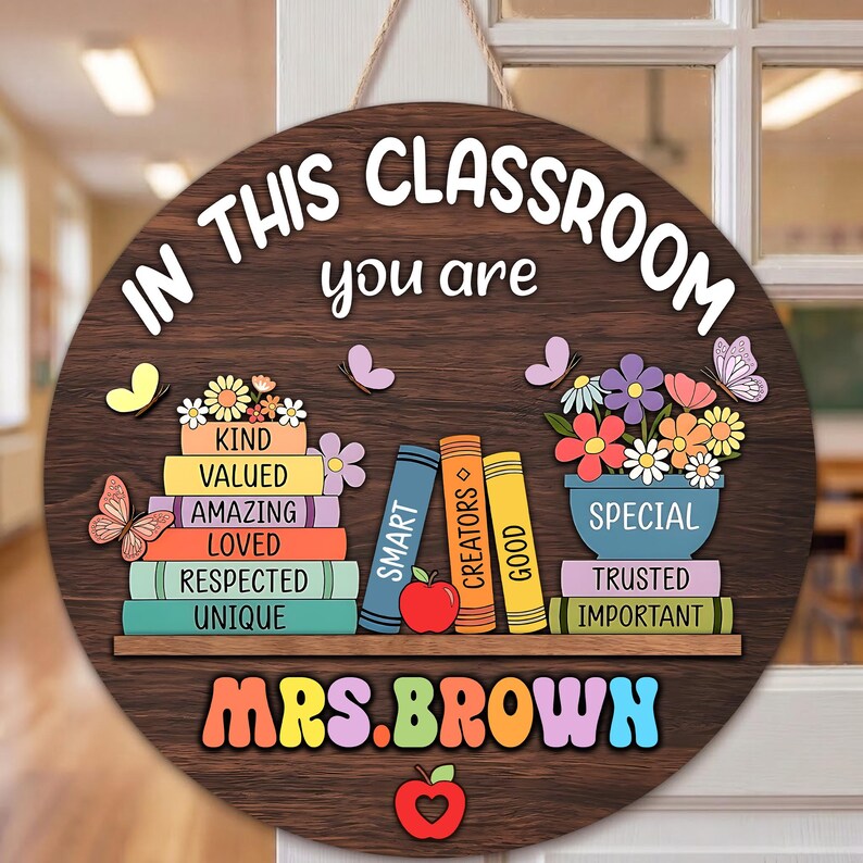 Personalized Teacher 3D Wooden Door Sign, Custom Teacher Door Hanger, Cute Classroom Decor, Teacher Name Sign Appreciation Gift for School. DHPETAL06