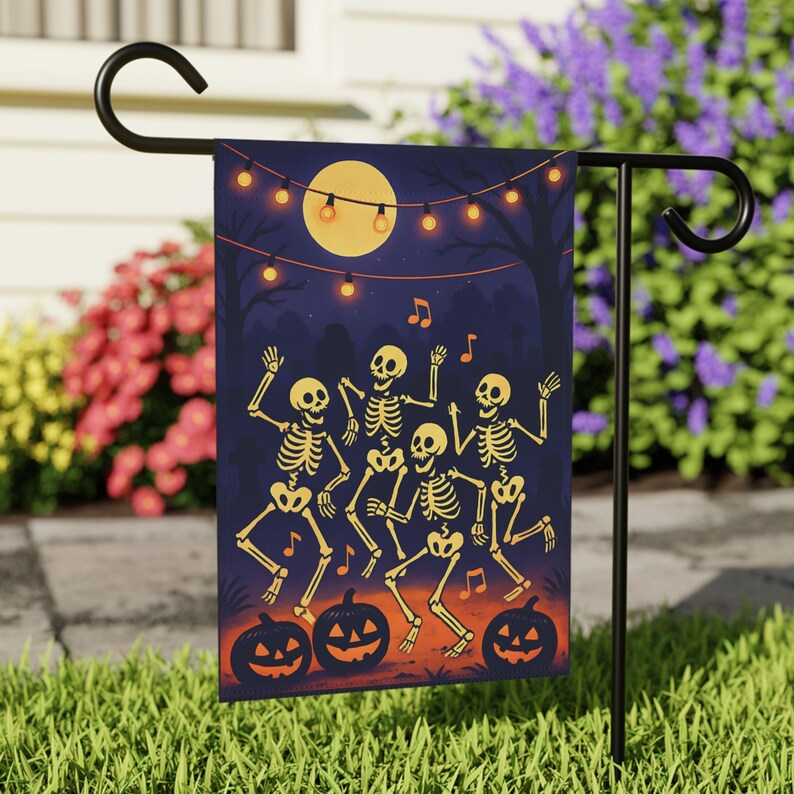 Dancing Skeletons Halloween Garden Flag, Funny Graveyard Party Decor, Spooky Skeleton Yard Sign. HLWGFPETAL3