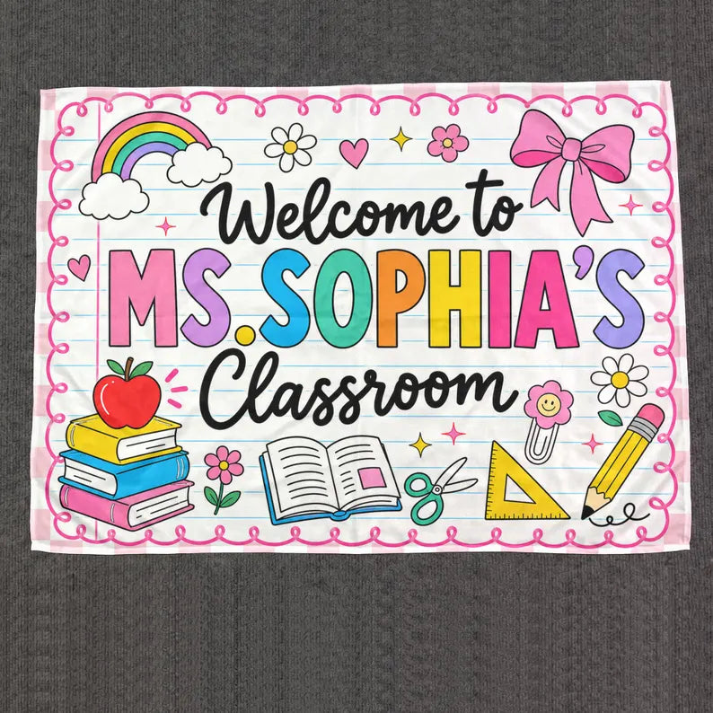 Personalized Teacher Back To School Tapestry Banner, Custom Welcome Classroom Banner with Name, First Day of School Gifts, Gift for Teacher. CBPETAL15