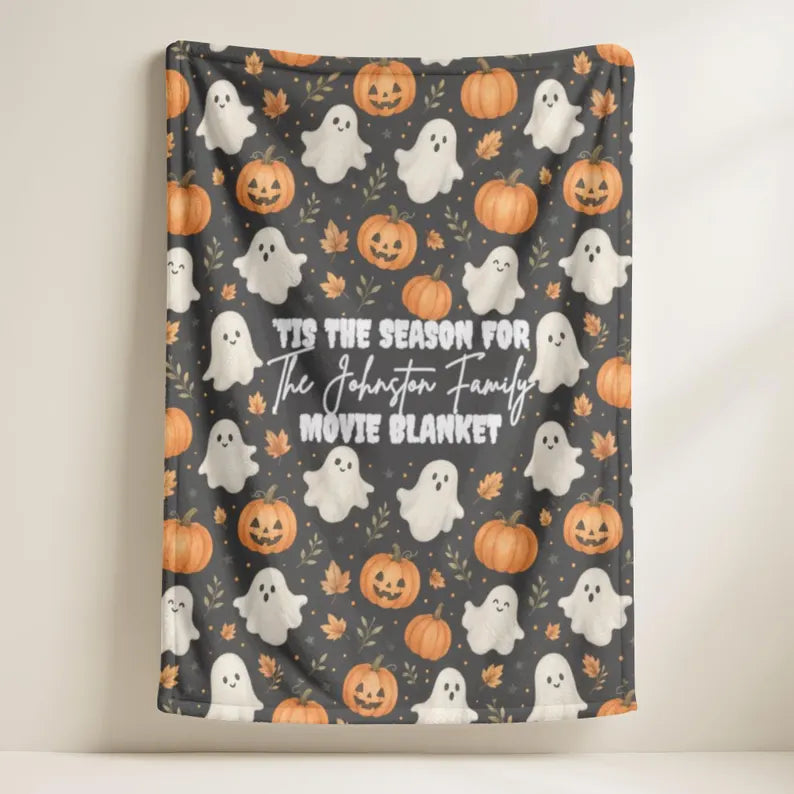 Custom Halloween Family Movie Night Blanket, Personalized Cozy Fall Couch Throw, Homewarming Gift, Ghost Pumpkin Blanket. BLKPETAL4