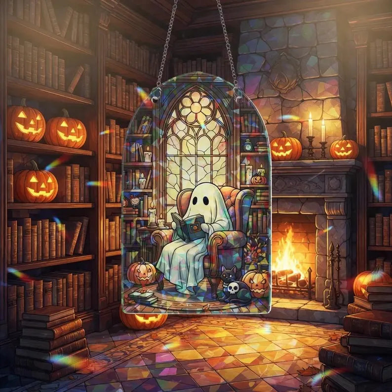 Halloween Ghost Hologram Acrylic Ornament: Gothic Window Hanging, Spooky Cute Decor, Autumn & Witchy Home Accent. HSPETAL13