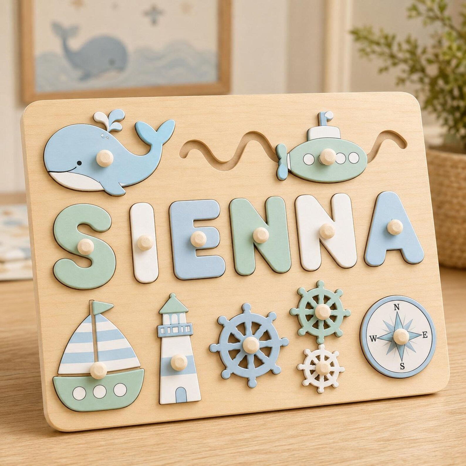 Personalized Nautical Name Puzzle, Custom Wooden Ocean Name Puzzle for Toddlers, Montessori Sea Adventure Puzzle, Kids Nursery Gift. NPPETAL18