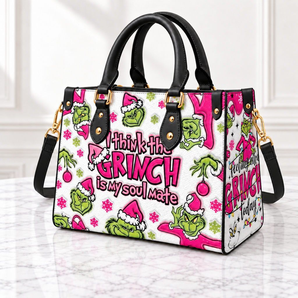 Pink Grinch Soulmate Pattern Leather Handbag, Grinch Christmas Leather Tote Bag, Grinch Wallet Purse, Christmas Bag Gift GBAG07