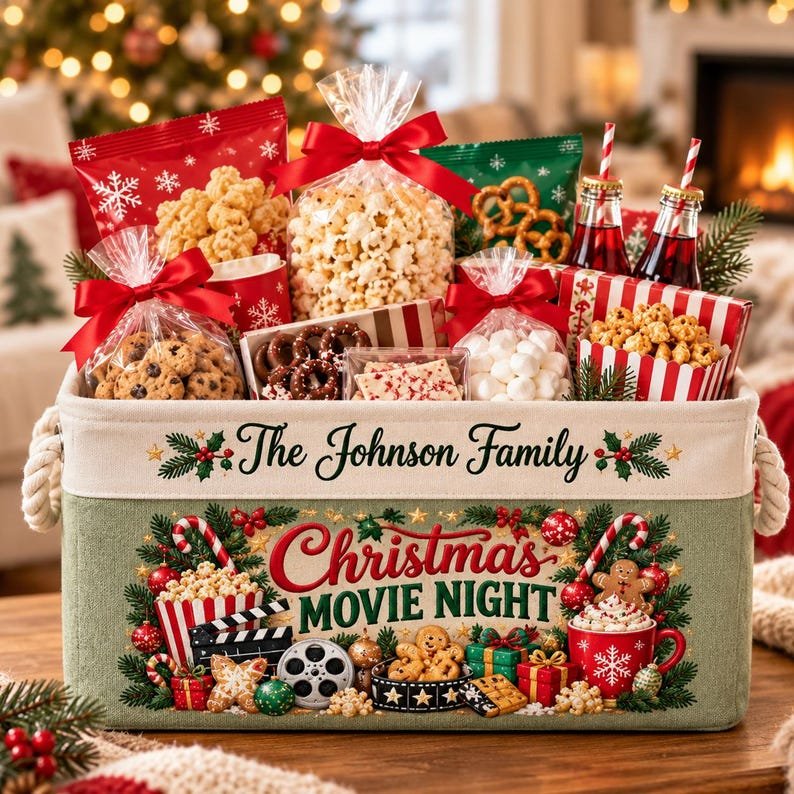 Personalized Christmas Movie Night Storage Basket, Custom Family Name Caddy Box, Christmas Eve Gift Basket, Holiday Home Decor Basket BBPETAL16