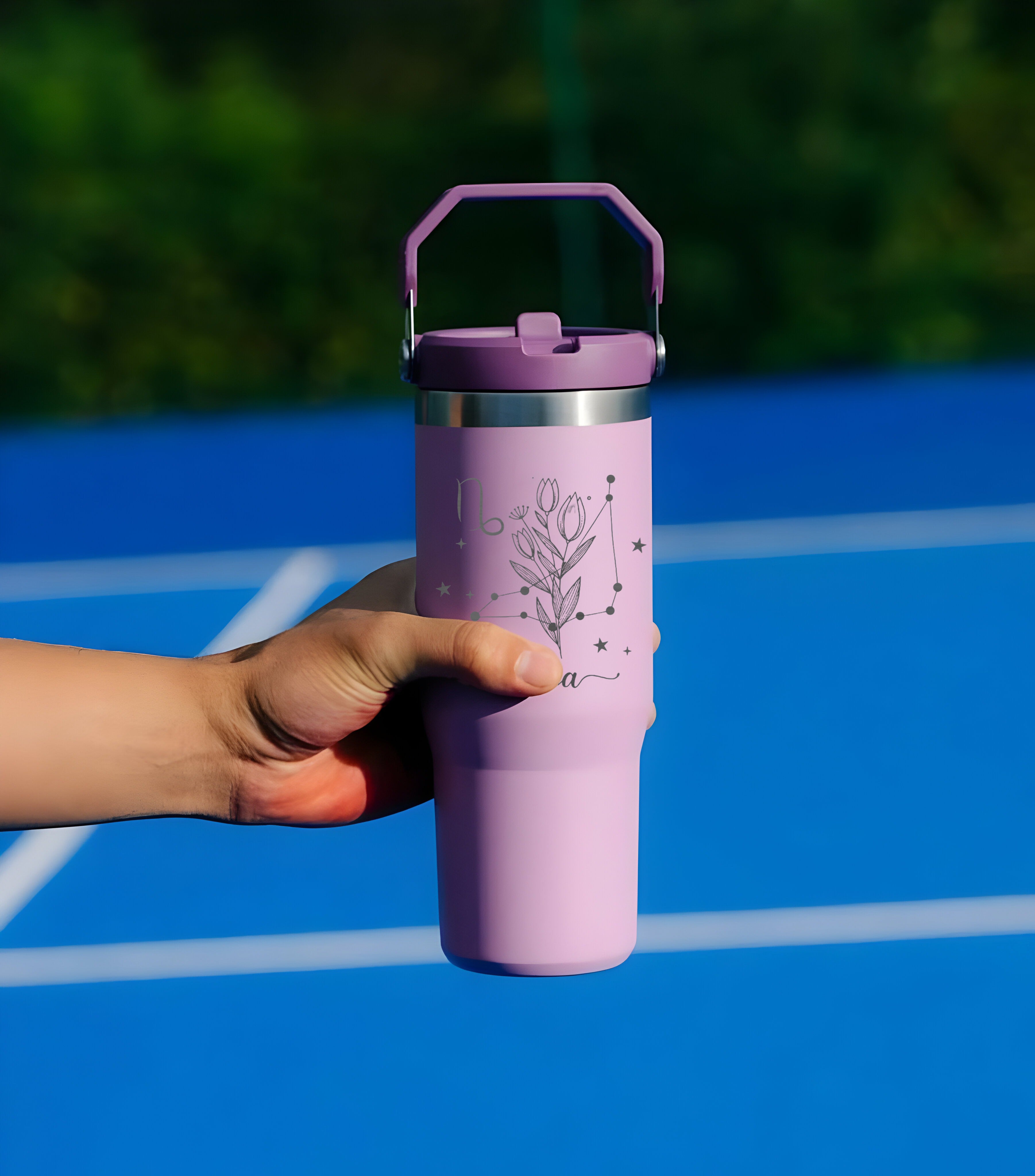 Custom Birth Flower Zodiac Tumbler, Personalized 40oz Cup with Handle and Straw, Astrology Horoscope Floral Mug, Unique Birthday Gift for Women