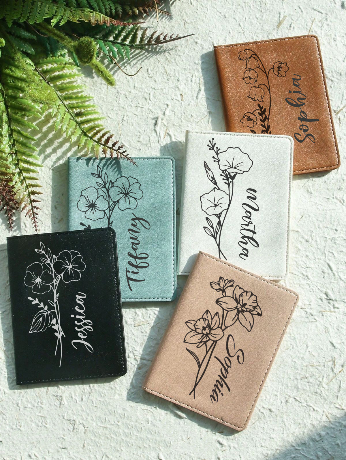 Personalized Birth Flower Leather Passport Cover, Custom Name Passport Holder, Floral Travel Wallet Gift for Women Travelers