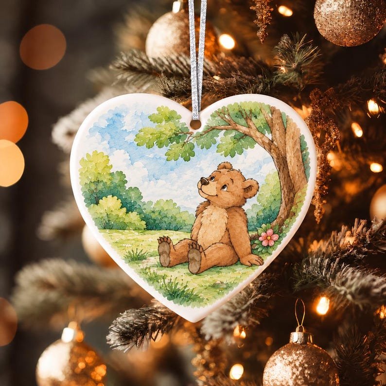 Cute Little Bear Christmas Ornament, Custom Ceramic Decoration, Woodland Animal Holiday Decor, Watercolor Art, Baby's First Christmas Gift CERAMIC06