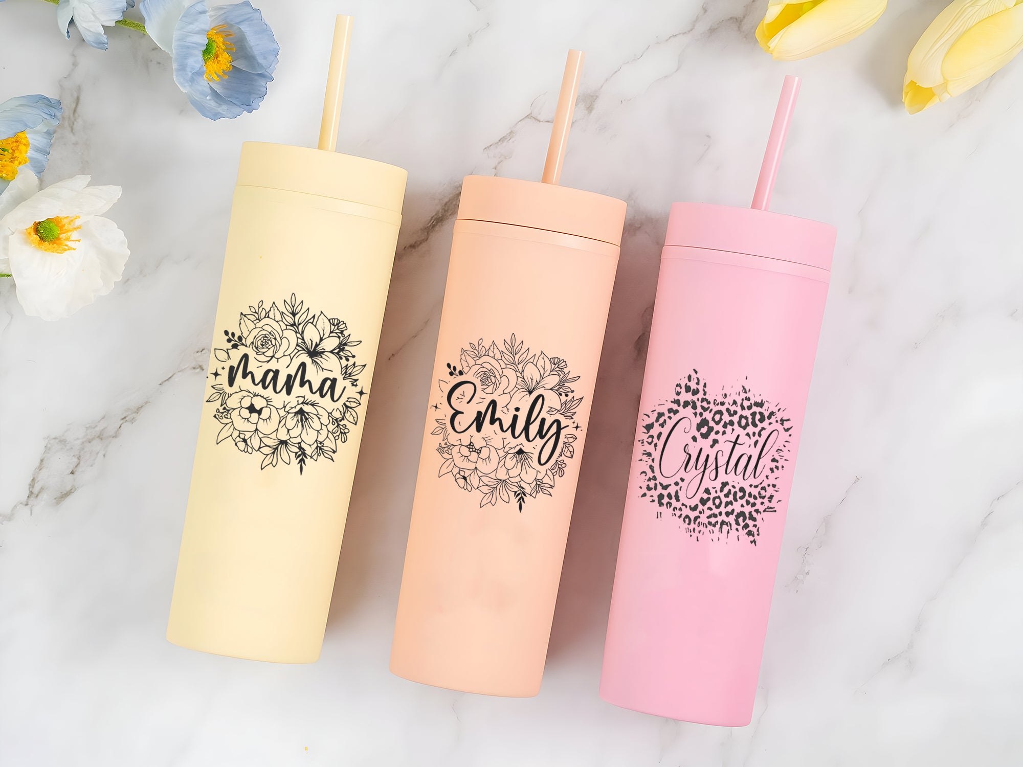 Personalized Flower Skinny Tumbler With Name, Custom Name Cup With Straw, Hot Cold Skinny Travel Mug, Bridesmaid Gift, Birthday Gift For Her Mother