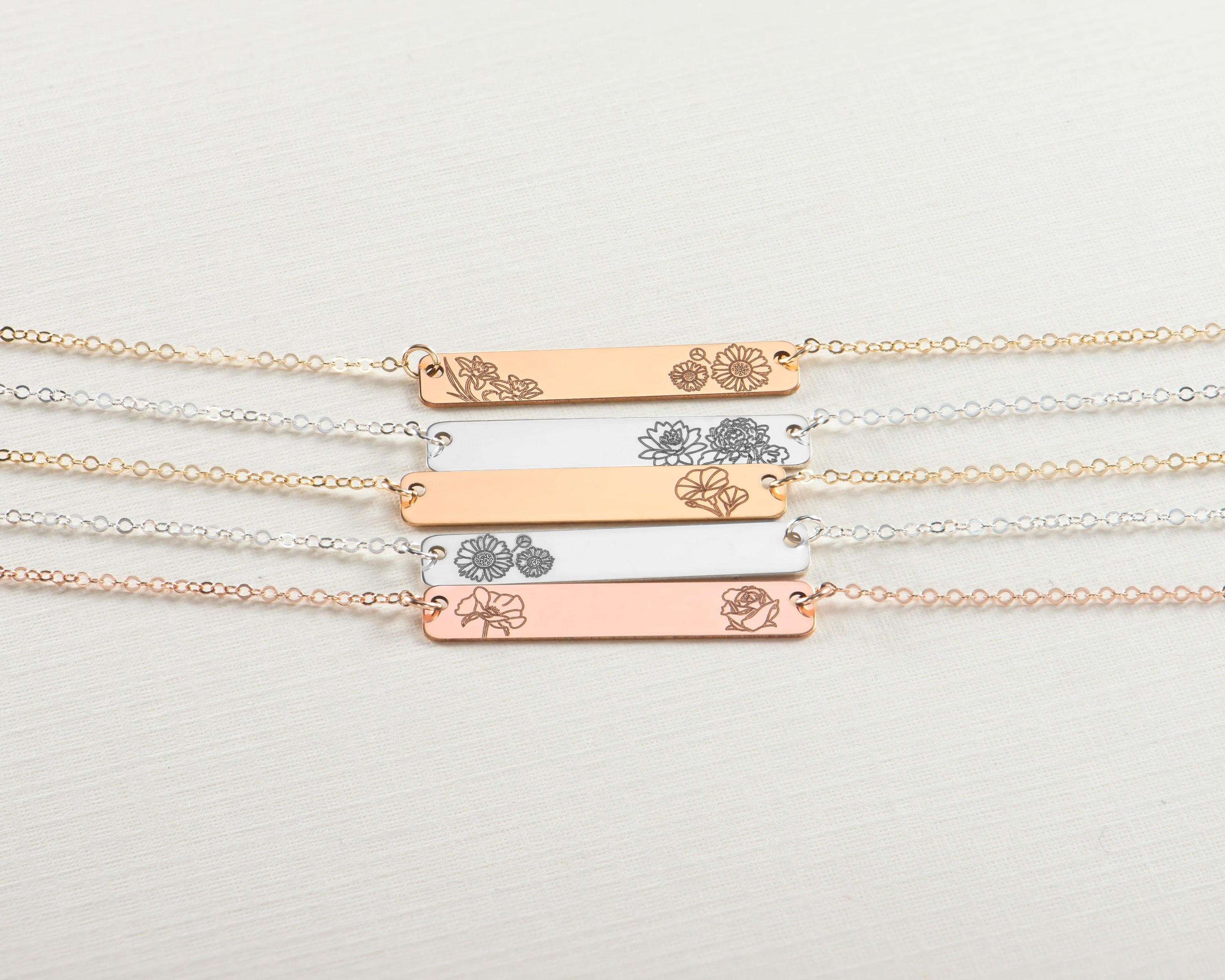 Gold Bar Necklace, Personalized Jewelry Name Bar Necklace Birth Flower, Jewelry Engraved Necklace, Family Birth Flower, Bridesmaid Gift