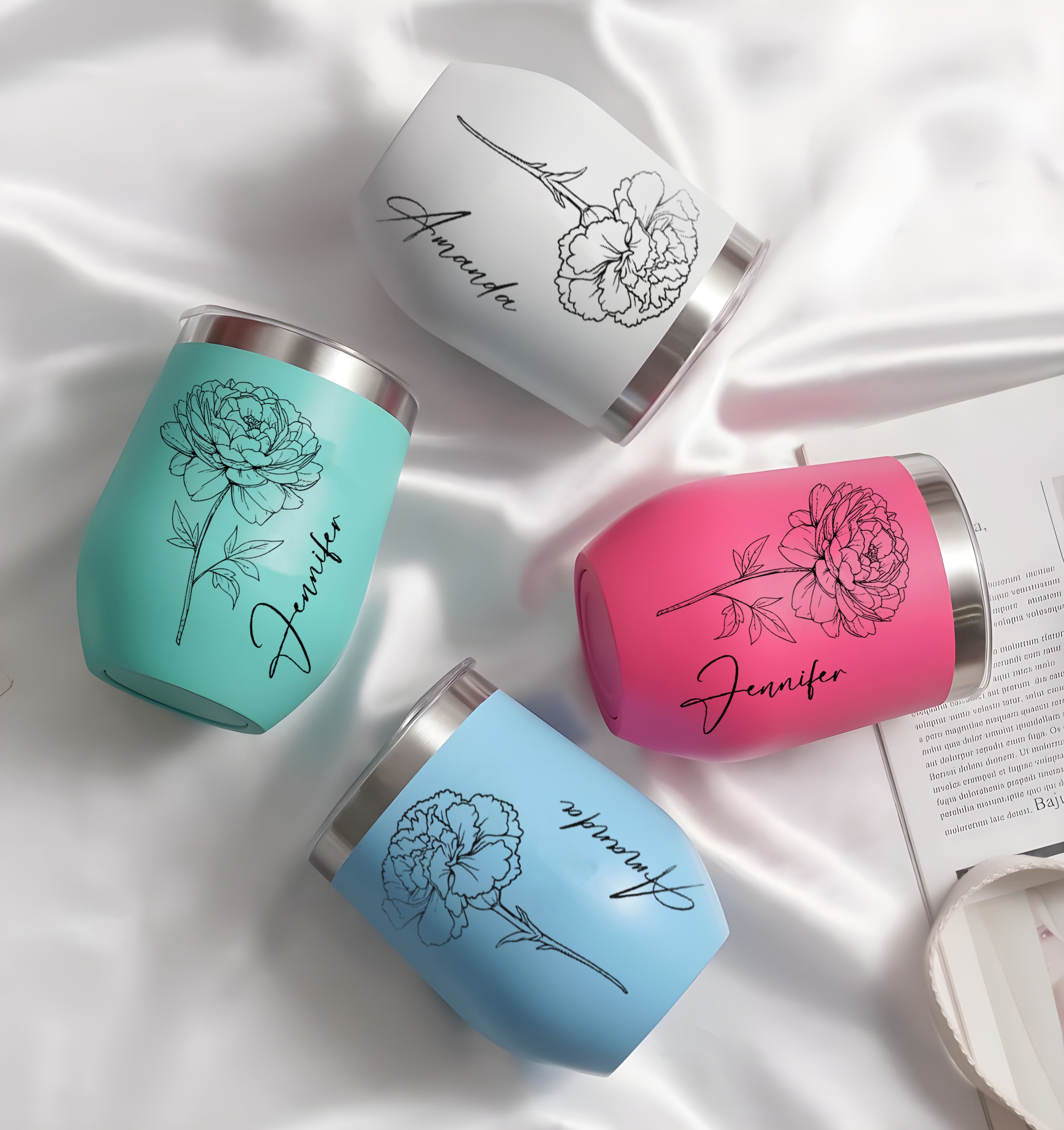 Personalized Birth Flower Wine Tumbler, Custom Stainless Steel Insulated Cup with Name, Floral Birthday Gift for Her