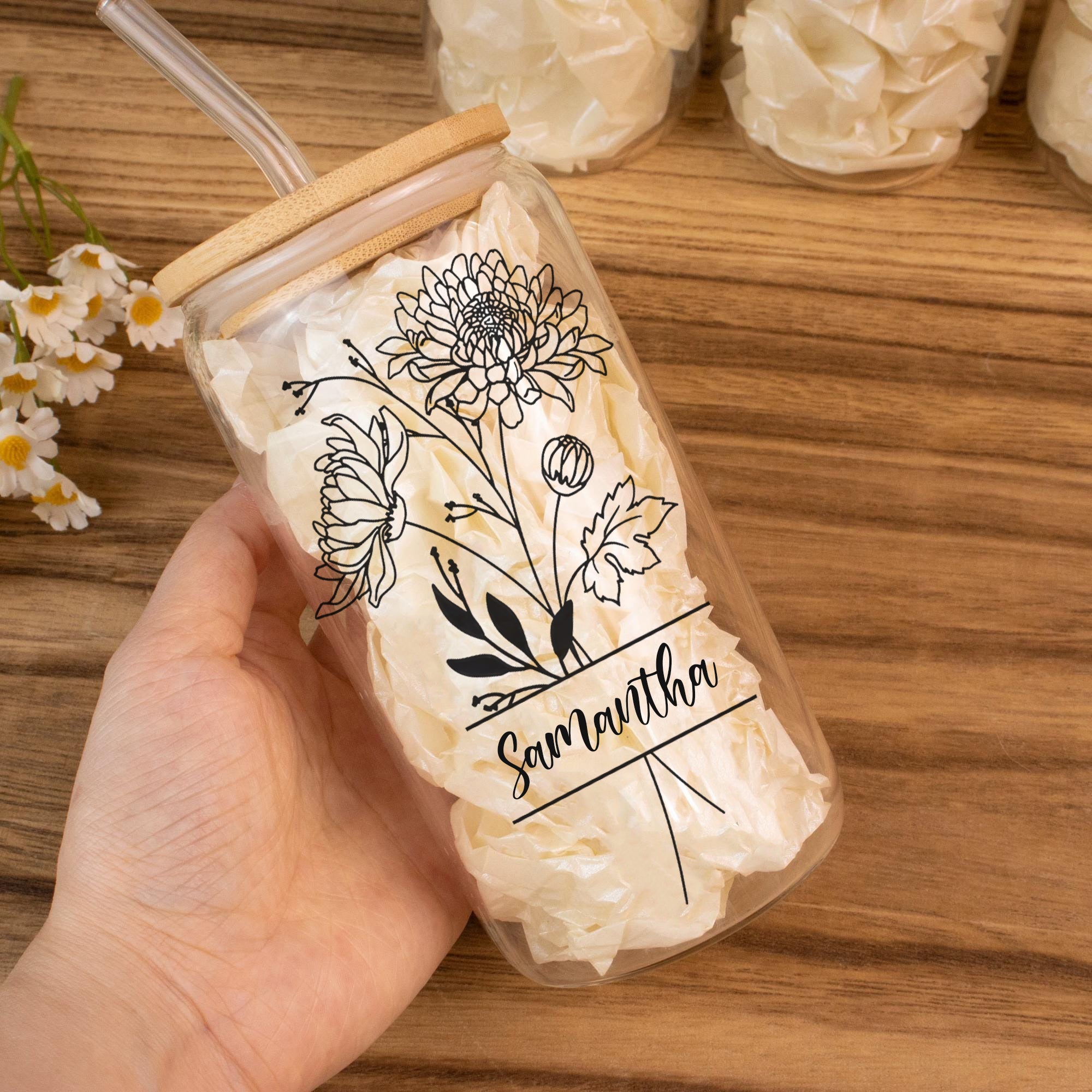 Personalized Birth Flower Glass Tumbler with Name, Custom Floral Cup with Bamboo Lid & Straw, Birthday Gift, Bridesmaid Gift, Christmas Present