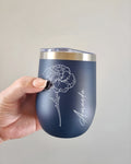 Personalized Birth Flower Wine Tumbler, Custom Stainless Steel Insulated Cup with Name, Floral Birthday Gift for Her