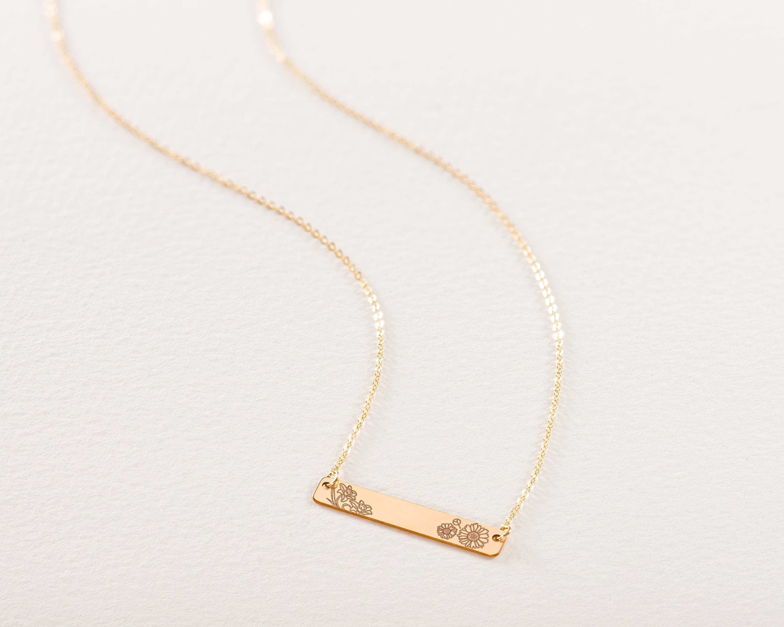 Gold Bar Necklace, Personalized Jewelry Name Bar Necklace Birth Flower, Jewelry Engraved Necklace, Family Birth Flower, Bridesmaid Gift