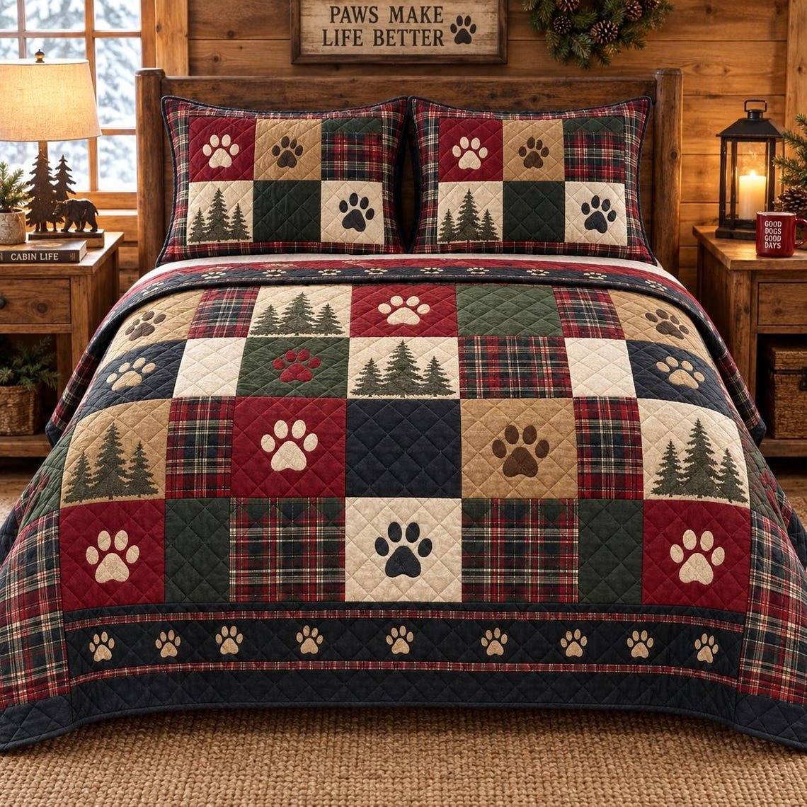 Winter Christmas Paw Pattern Quilted Bedding Set, Vintage Pet Paw Patchwork Bedspread with Pillowcases, Festive Winter Bedroom Decor, Bedding Decor PTBED22