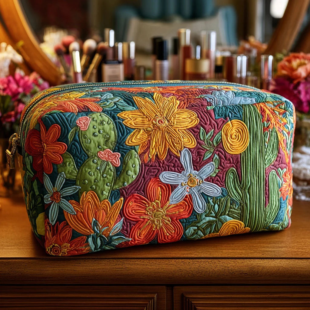 Quilted Desert Wildflower Makeup Bag, Southwest Cactus Cosmetic Bag, Boho Floral Travel Toiletry Pouch, Western Zipper Organizer, Gift for Nature Lovers – QMBPETAL80