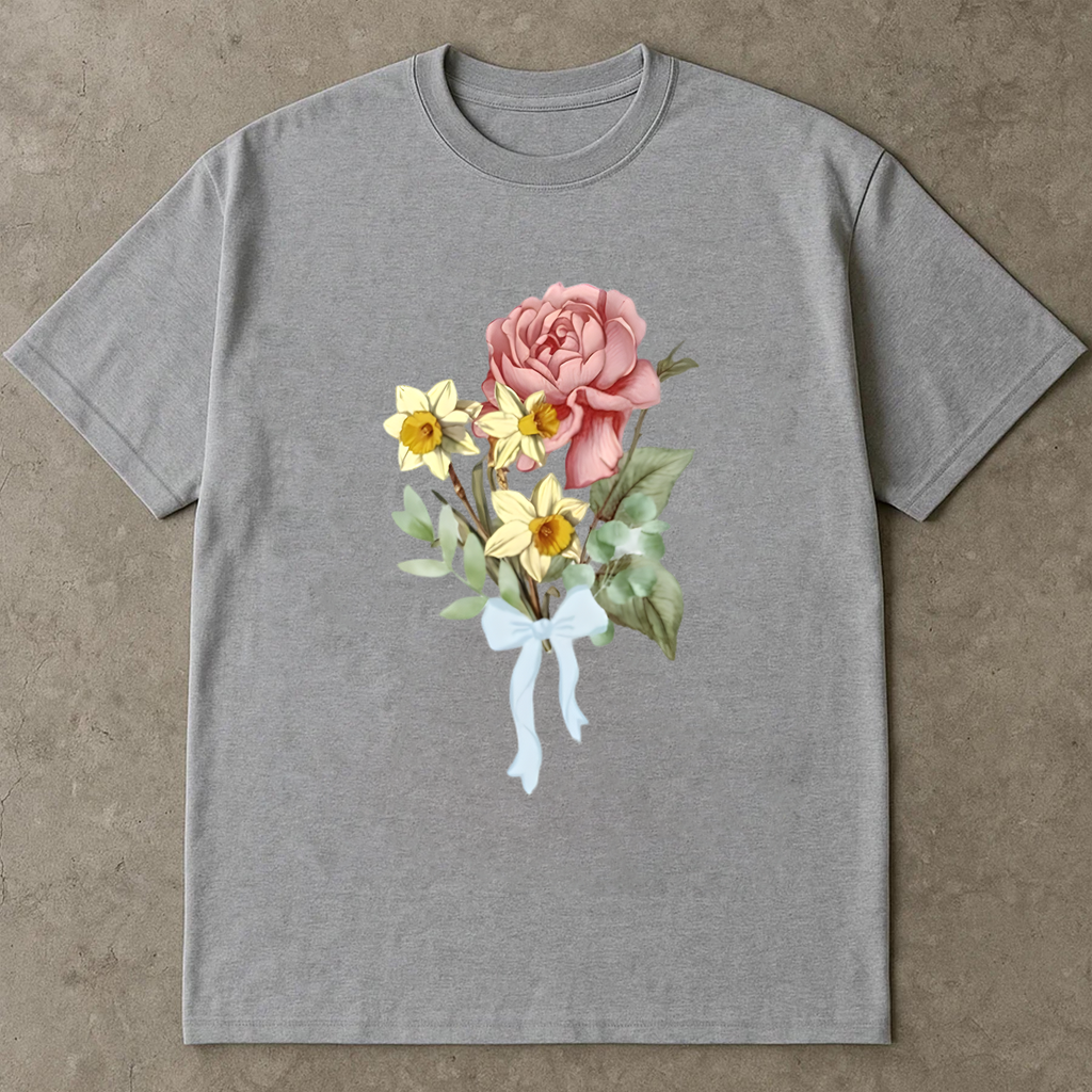 Rose and Daffodil Shirt, Vintage Floral Bouquet Tee, Romantic Flower Shirt, Soft Botanical T-Shirt, Retro Ribbon Bow Tee