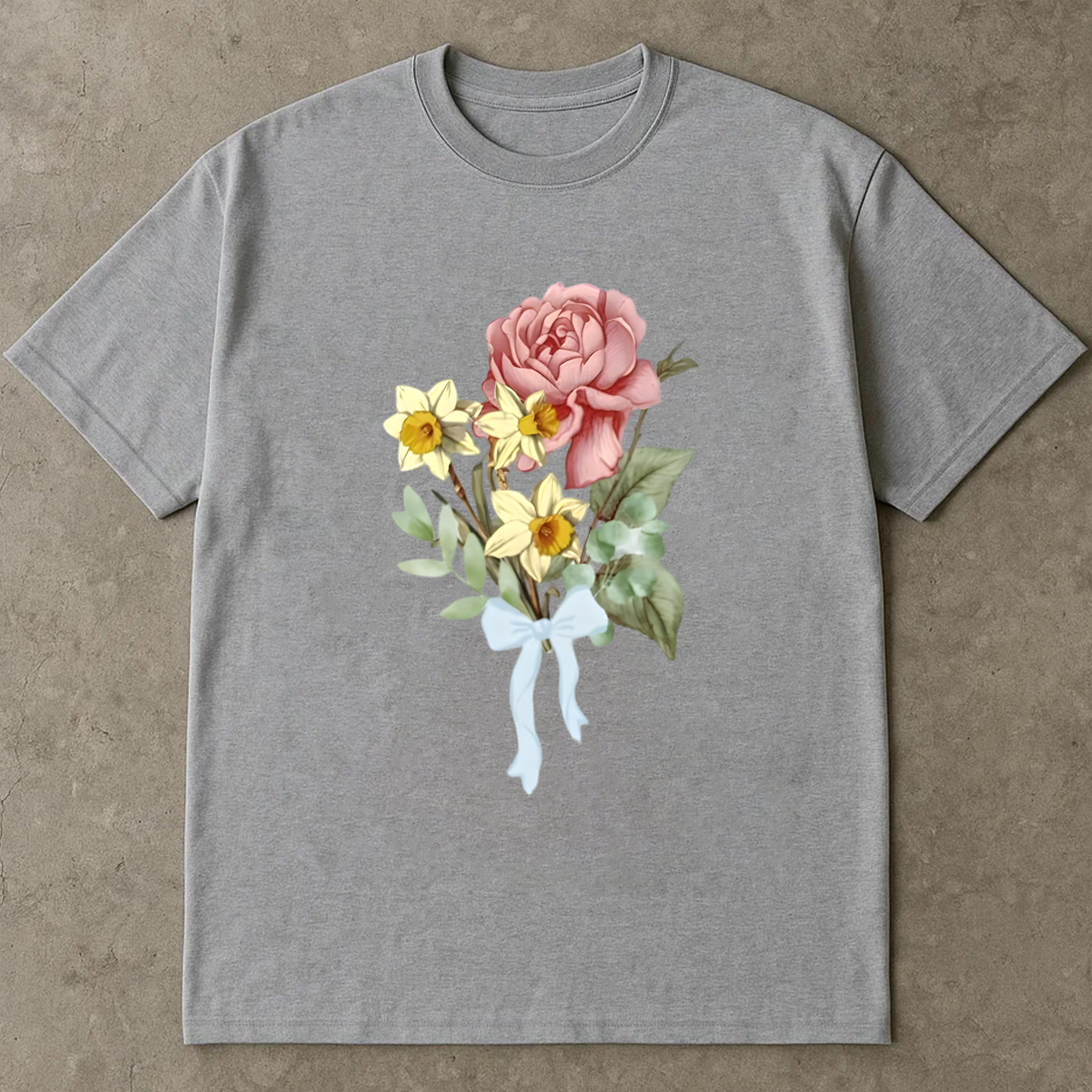 Rose and Daffodil Shirt, Vintage Floral Bouquet Tee, Romantic Flower Shirt, Soft Botanical T-Shirt, Retro Ribbon Bow Tee