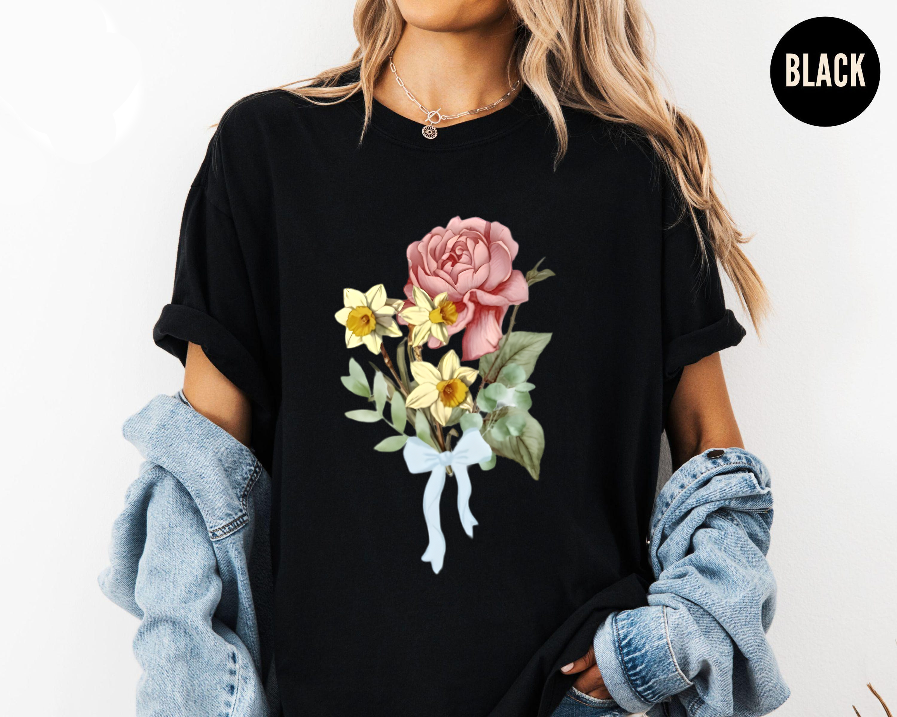 Rose and Daffodil Shirt, Vintage Floral Bouquet Tee, Romantic Flower Shirt, Soft Botanical T-Shirt, Retro Ribbon Bow Tee