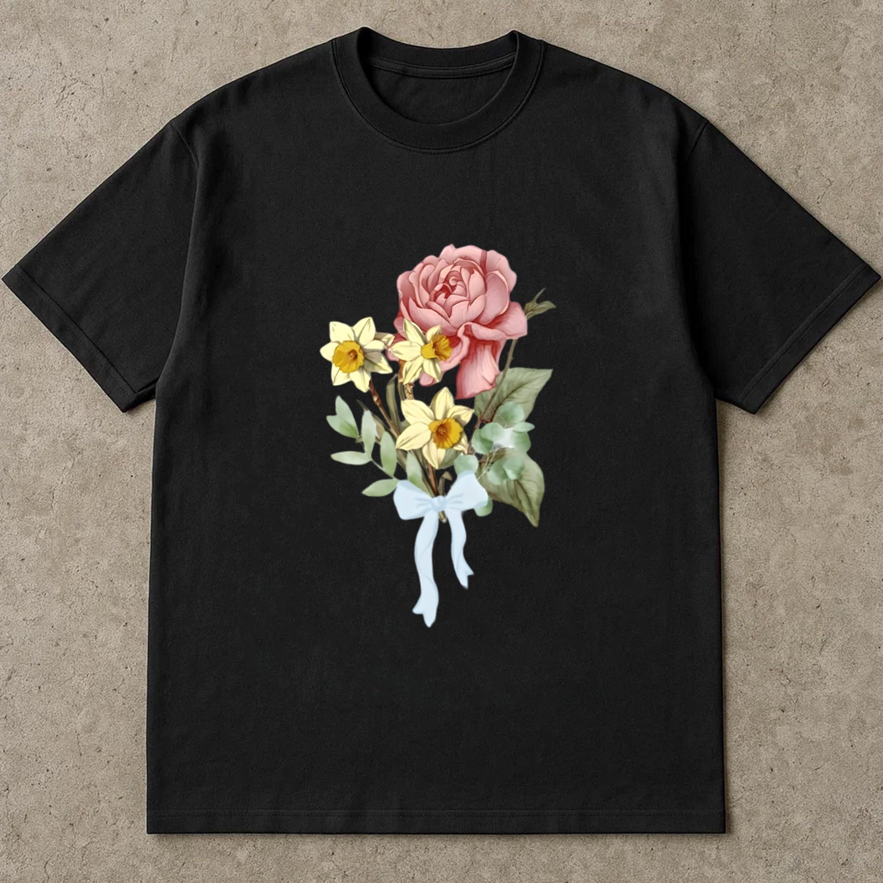 Rose and Daffodil Shirt, Vintage Floral Bouquet Tee, Romantic Flower Shirt, Soft Botanical T-Shirt, Retro Ribbon Bow Tee