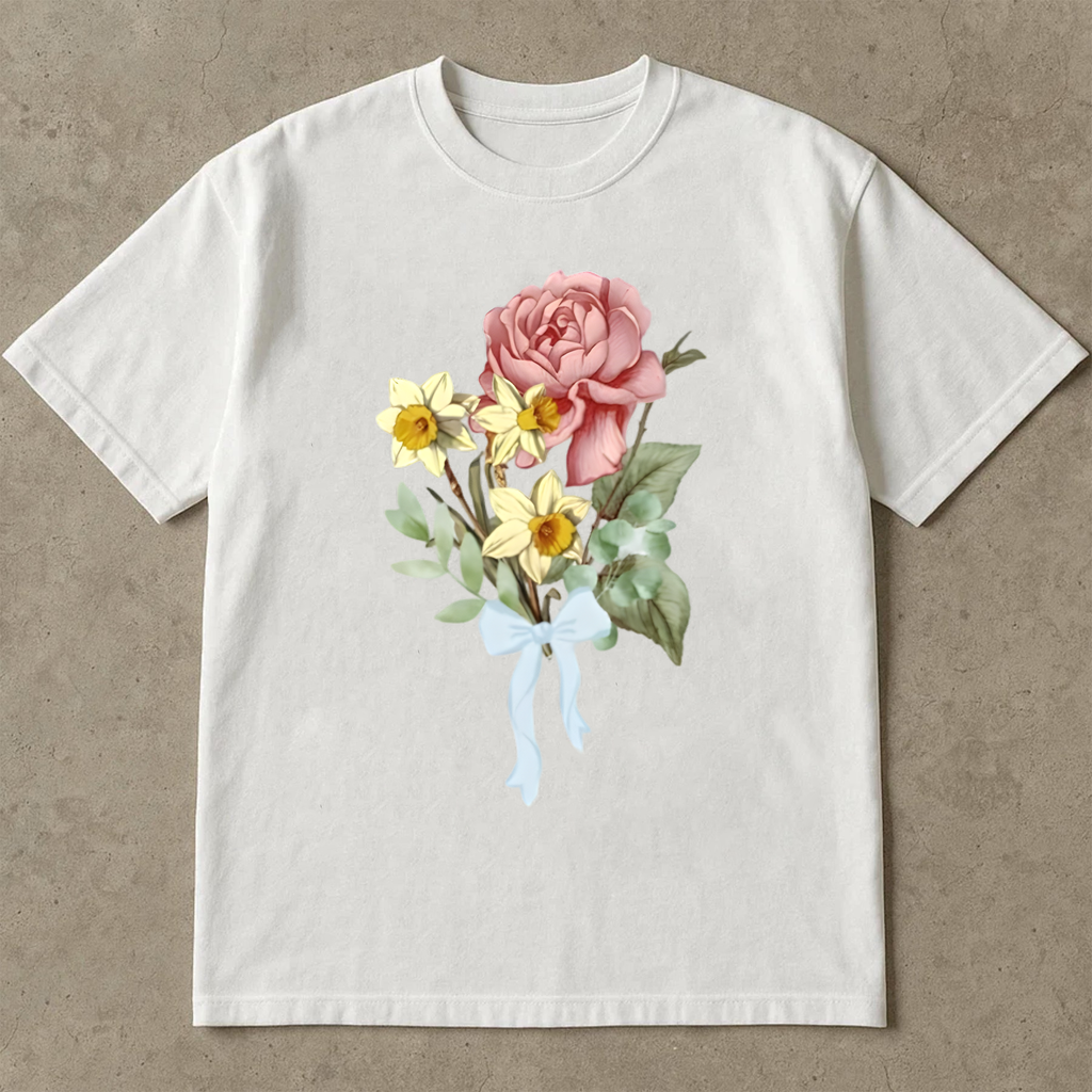 Rose and Daffodil Shirt, Vintage Floral Bouquet Tee, Romantic Flower Shirt, Soft Botanical T-Shirt, Retro Ribbon Bow Tee
