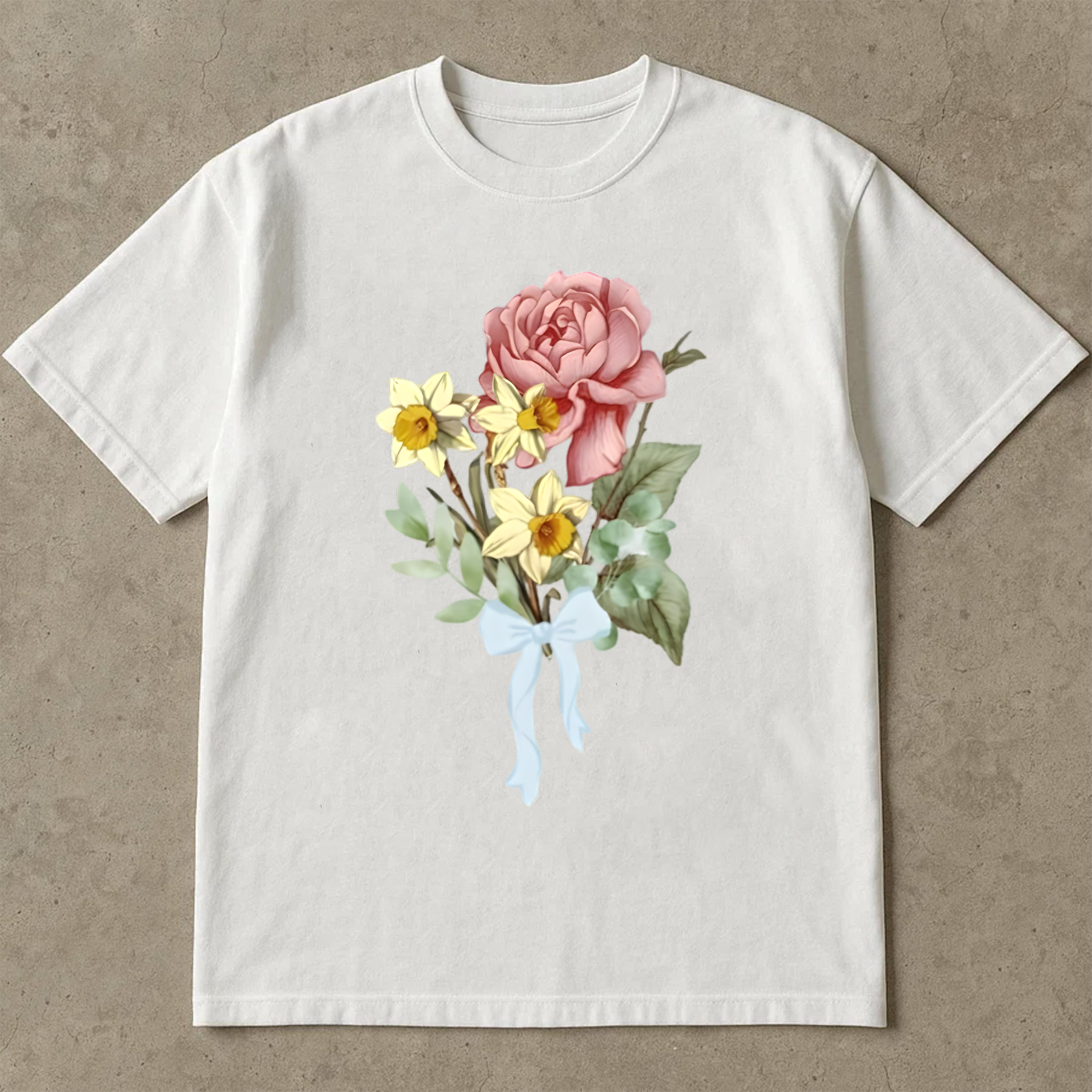 Rose and Daffodil Shirt, Vintage Floral Bouquet Tee, Romantic Flower Shirt, Soft Botanical T-Shirt, Retro Ribbon Bow Tee