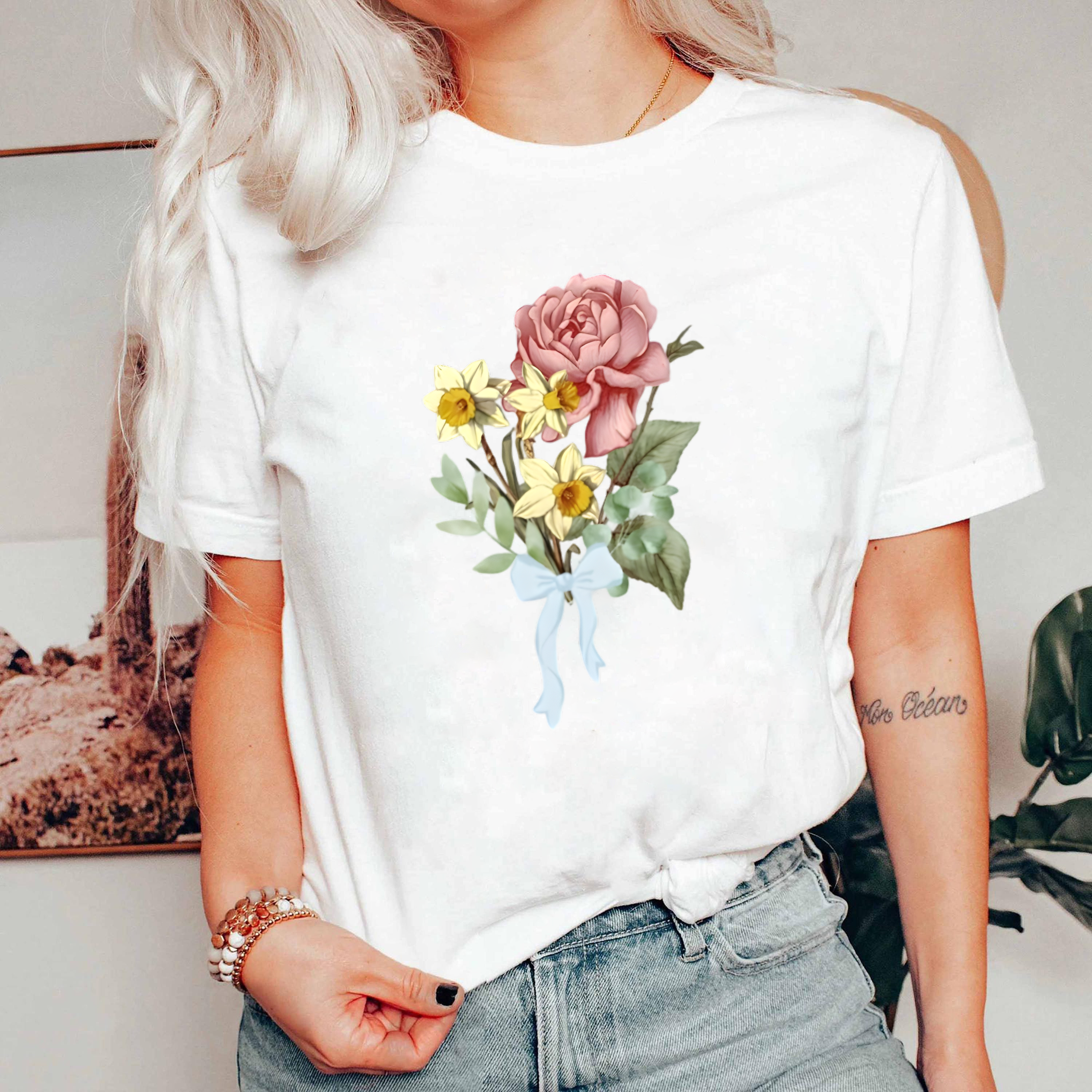 Rose and Daffodil Shirt, Vintage Floral Bouquet Tee, Romantic Flower Shirt, Soft Botanical T-Shirt, Retro Ribbon Bow Tee