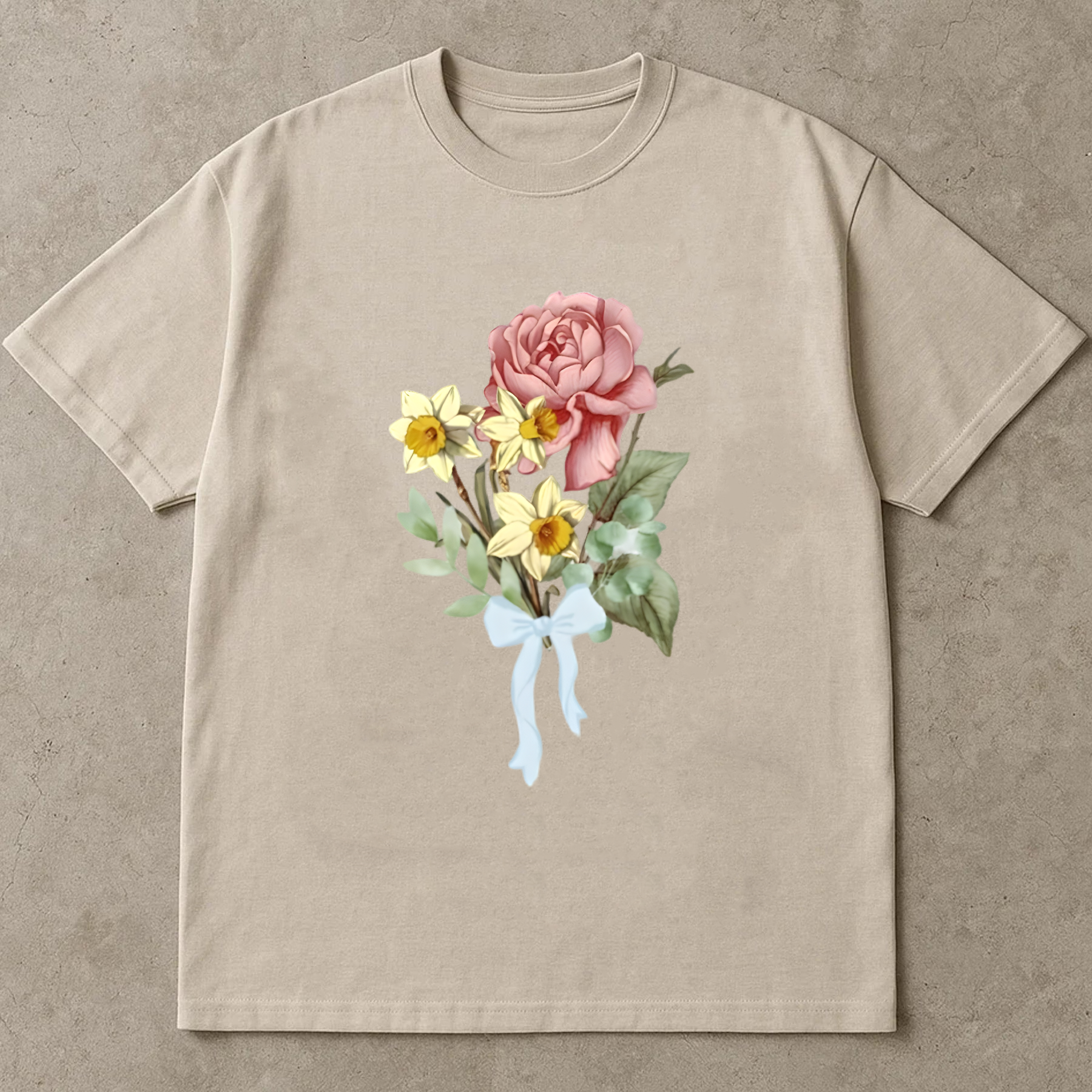 Rose and Daffodil Shirt, Vintage Floral Bouquet Tee, Romantic Flower Shirt, Soft Botanical T-Shirt, Retro Ribbon Bow Tee