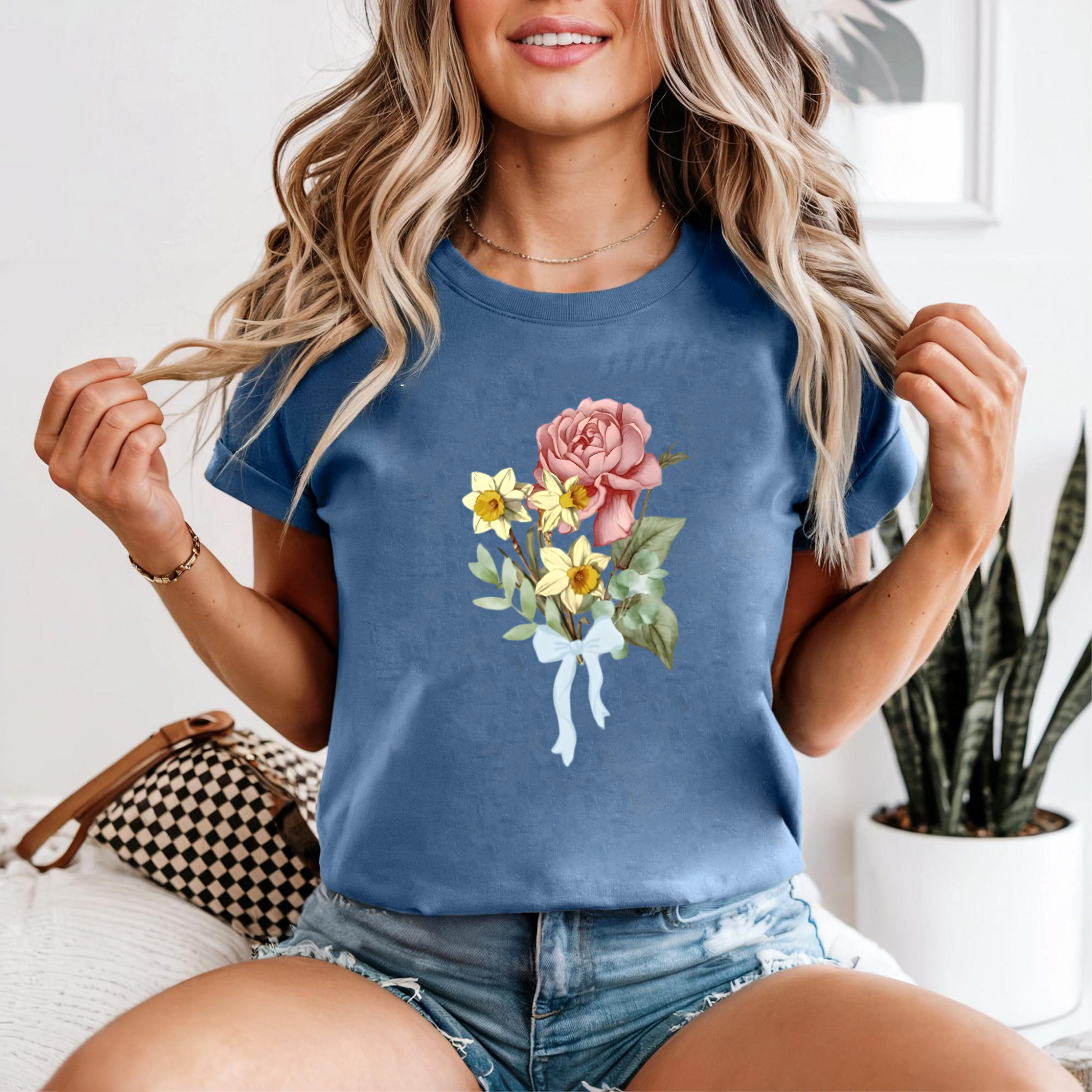Rose and Daffodil Shirt, Vintage Floral Bouquet Tee, Romantic Flower Shirt, Soft Botanical T-Shirt, Retro Ribbon Bow Tee