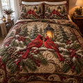 Red Cardinal Floral Quilted Bedding Set, Christmas Bird Bedspread with Pillowcases, Festive Winter Bedroom Decor, Bedding Decor PTBED24