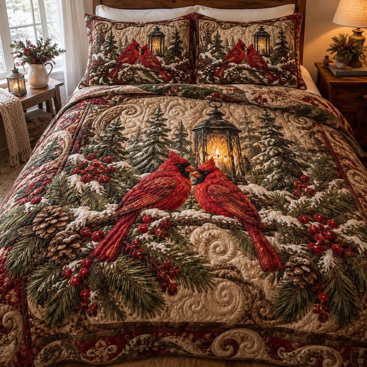 Red Cardinal Floral Quilted Bedding Set, Christmas Bird Bedspread with Pillowcases, Festive Winter Bedroom Decor, Bedding Decor PTBED24