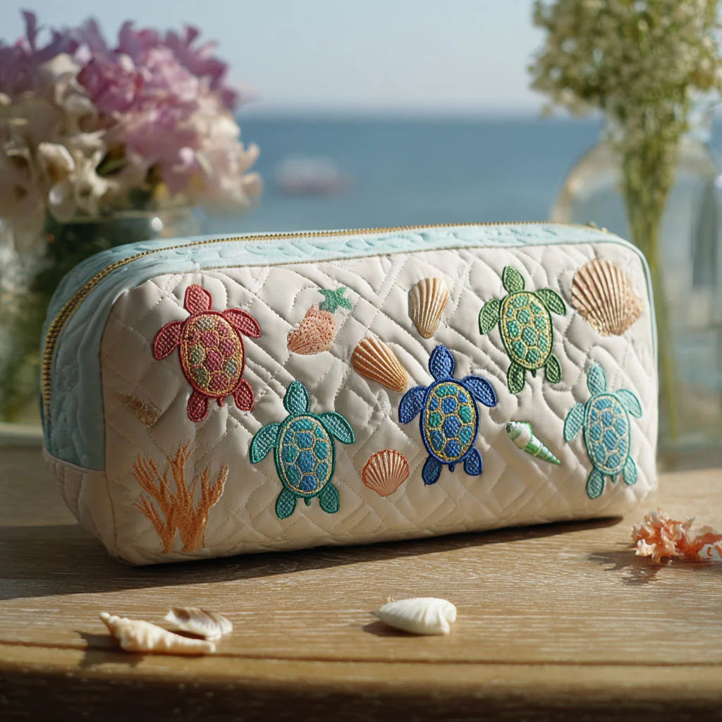 Quilted Sea Turtle Family Makeup Bag, Coastal Beach Cosmetic Bag, Ocean Travel Toiletry Pouch, Embroidered Turtle Zipper Organizer, Gift for Sea Life Lovers – QMBPETAL81