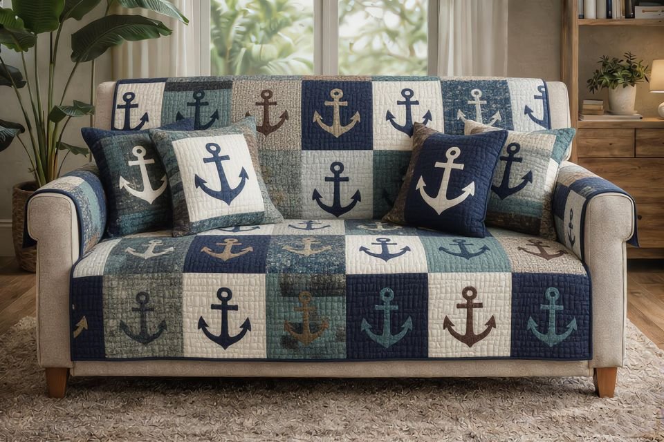 Nautical Anchor Patchwork Quilted Sofa Cover, Sofa Cover, Patchwork Couch Throw, Sofa Protector, Holiday Sofa Decor QUILTSOFA68