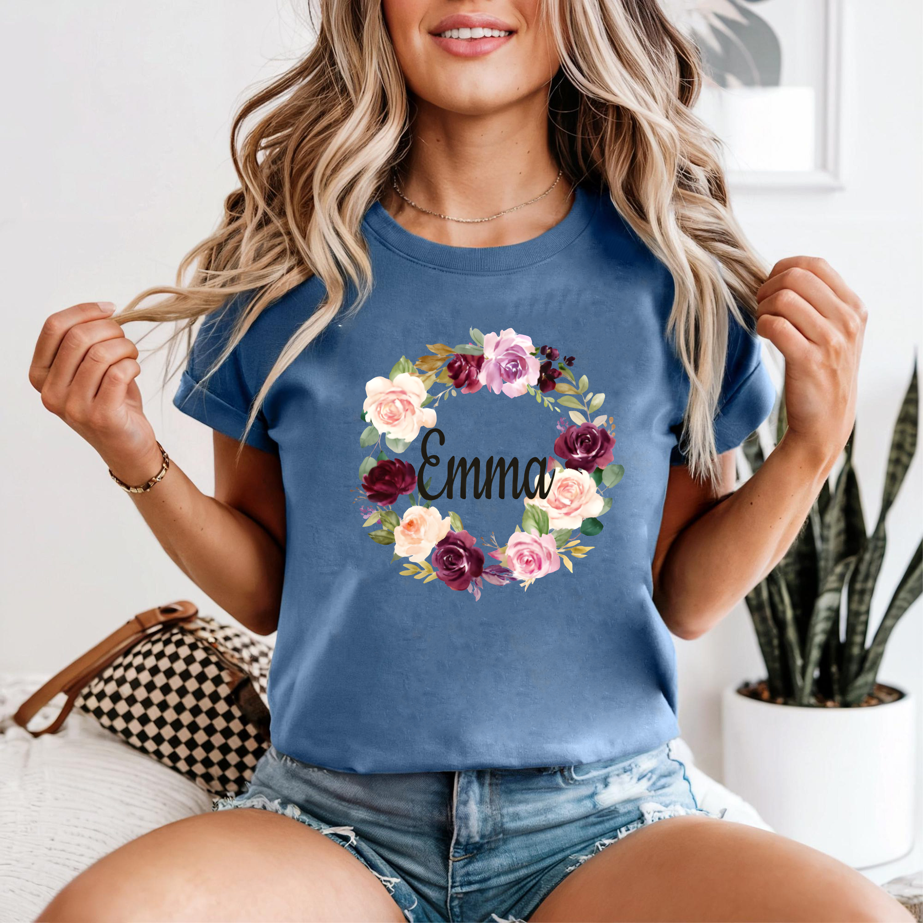 Personalized Floral Name Shirt, Custom Emma Wreath Shirt, Vintage Rose Name Tee, Gift for Her, Custom Name Shirt