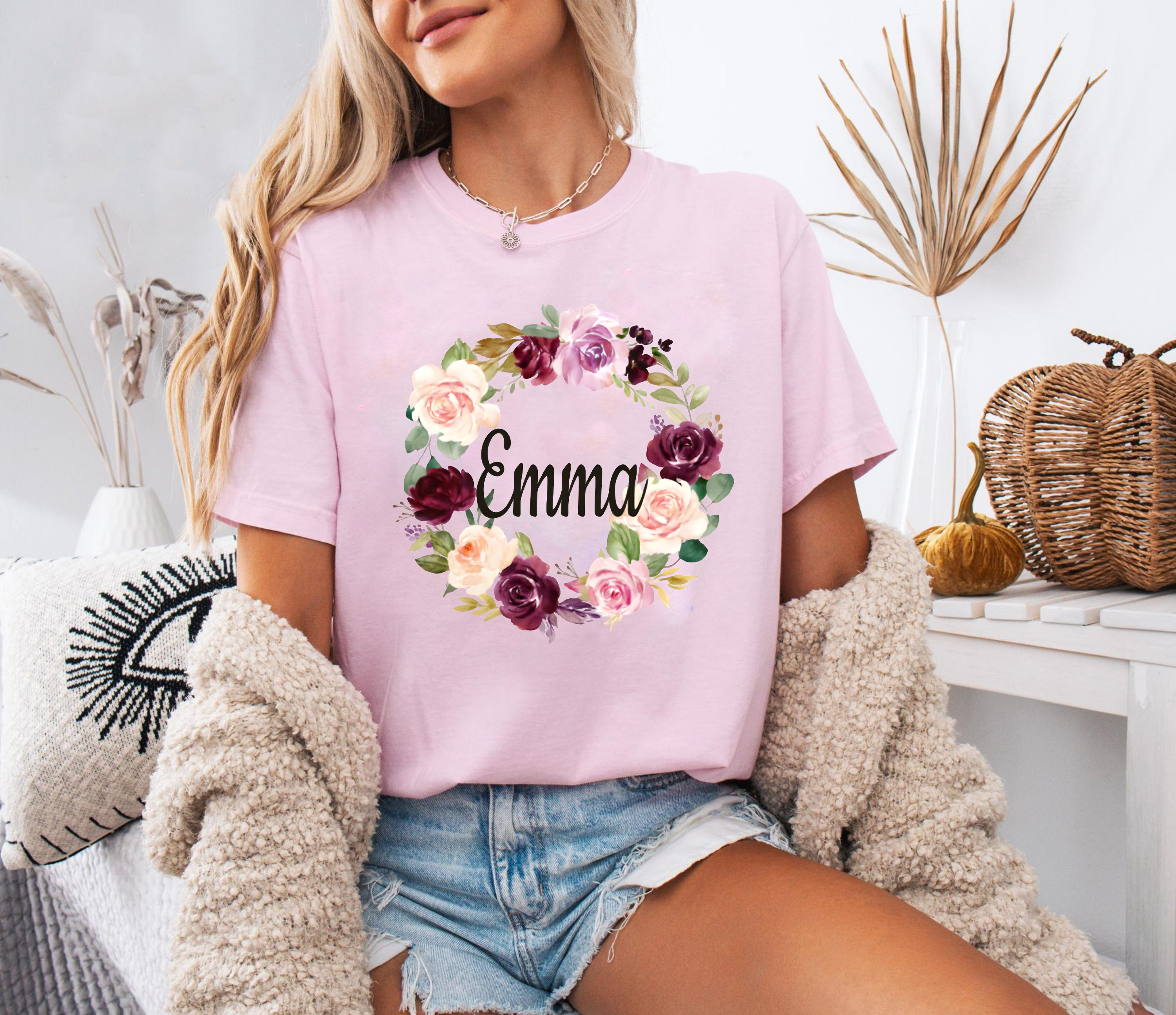 Personalized Floral Name Shirt, Custom Emma Wreath Shirt, Vintage Rose Name Tee, Gift for Her, Custom Name Shirt