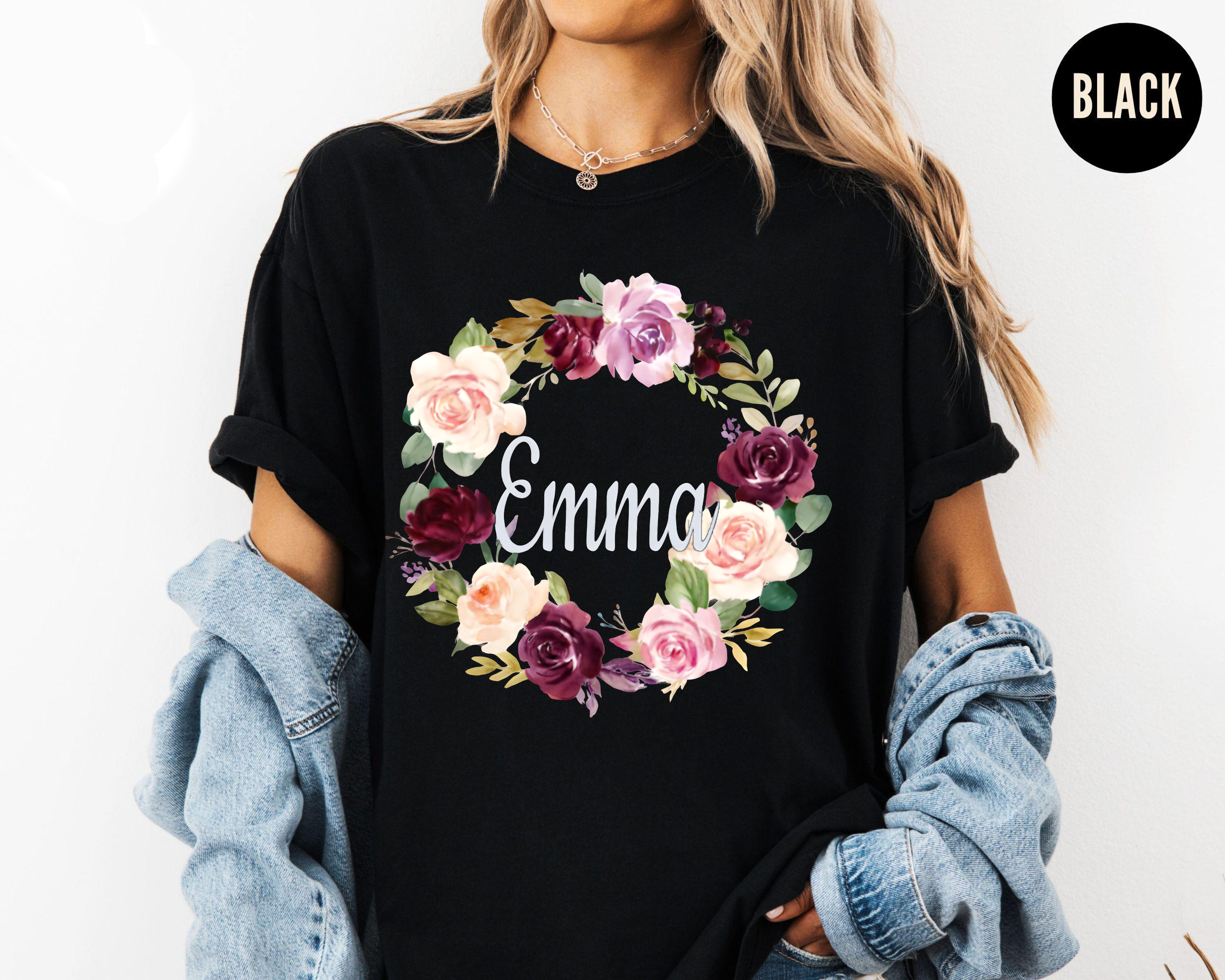 Personalized Floral Name Shirt, Custom Emma Wreath Shirt, Vintage Rose Name Tee, Gift for Her, Custom Name Shirt