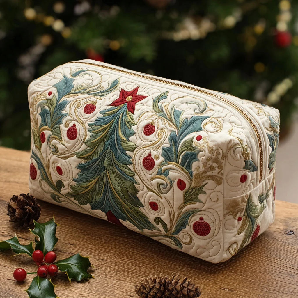 Quilted Christmas Tree Makeup Bag, Holiday Evergreen Cosmetic Bag, Winter Toiletry Pouch, Festive Floral Zipper Organizer, Christmas Gift for Women – QMBPETAL82