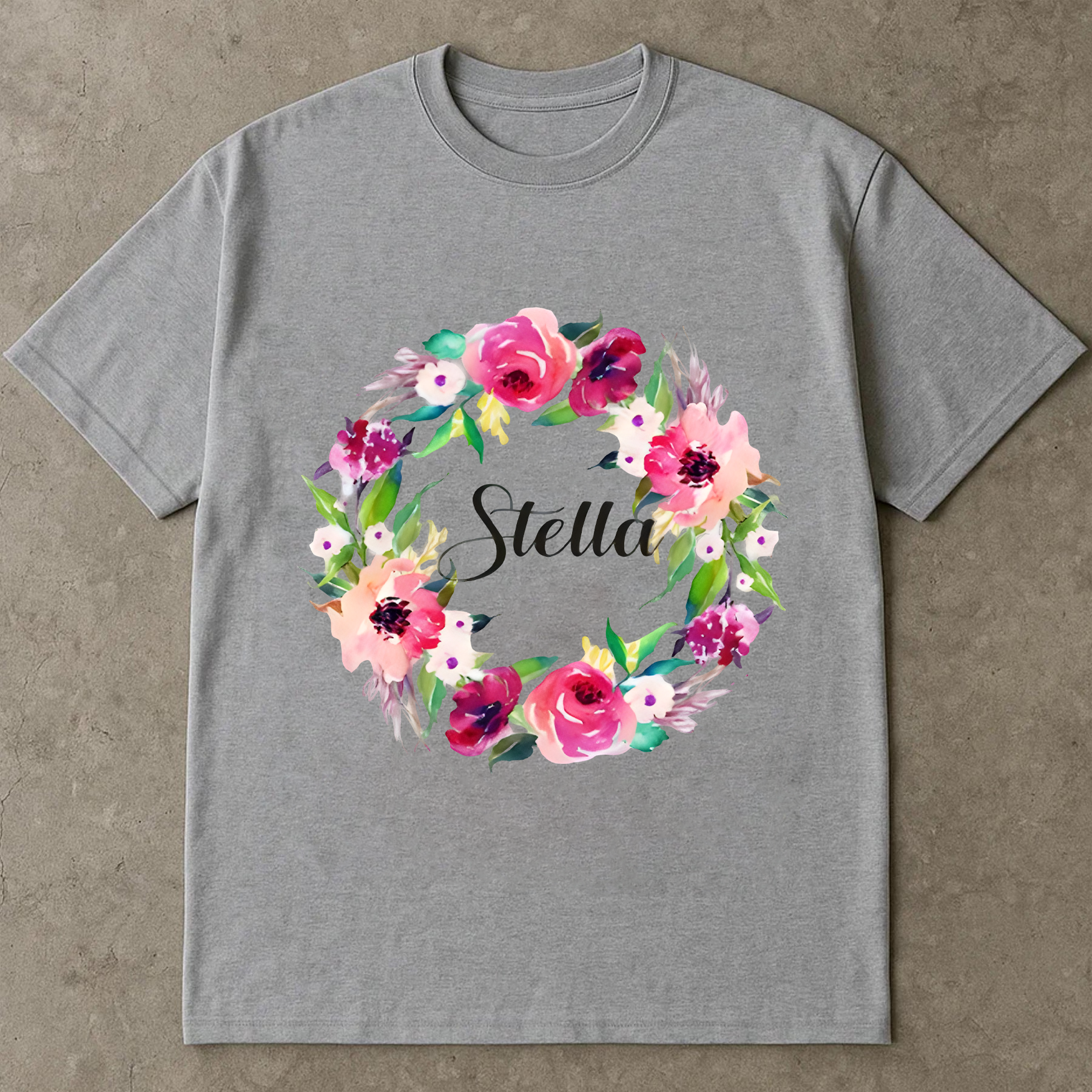 Stella Name Shirt, Custom Watercolor Floral Shirt, Personalized Name Tee, Colorful Wreath Shirt, Gift for Her, Custom Name Shirt
