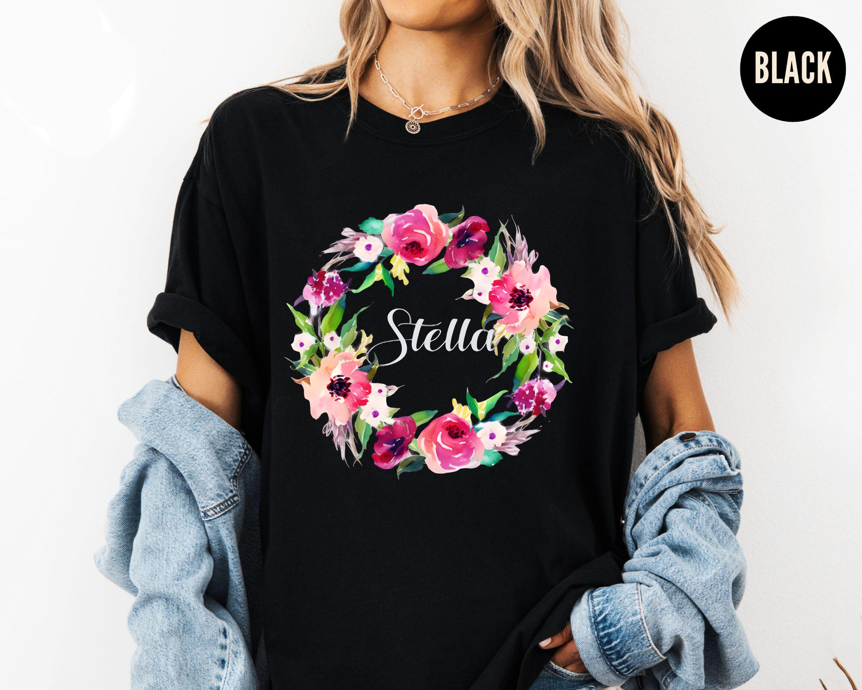 Stella Name Shirt, Custom Watercolor Floral Shirt, Personalized Name Tee, Colorful Wreath Shirt, Gift for Her, Custom Name Shirt