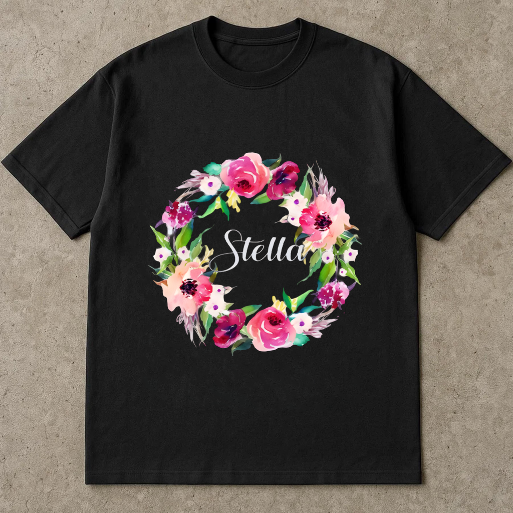 Stella Name Shirt, Custom Watercolor Floral Shirt, Personalized Name Tee, Colorful Wreath Shirt, Gift for Her, Custom Name Shirt