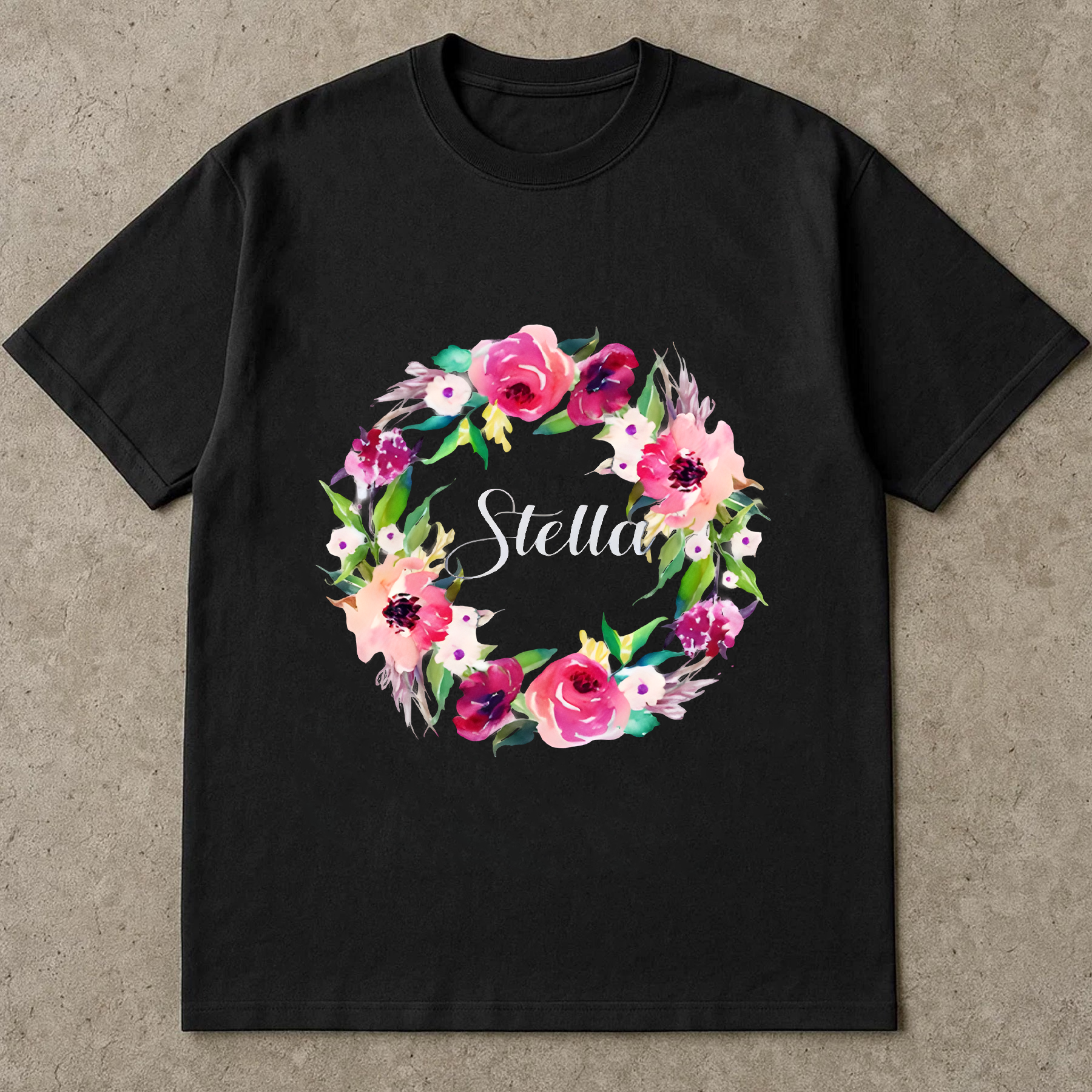 Stella Name Shirt, Custom Watercolor Floral Shirt, Personalized Name Tee, Colorful Wreath Shirt, Gift for Her, Custom Name Shirt