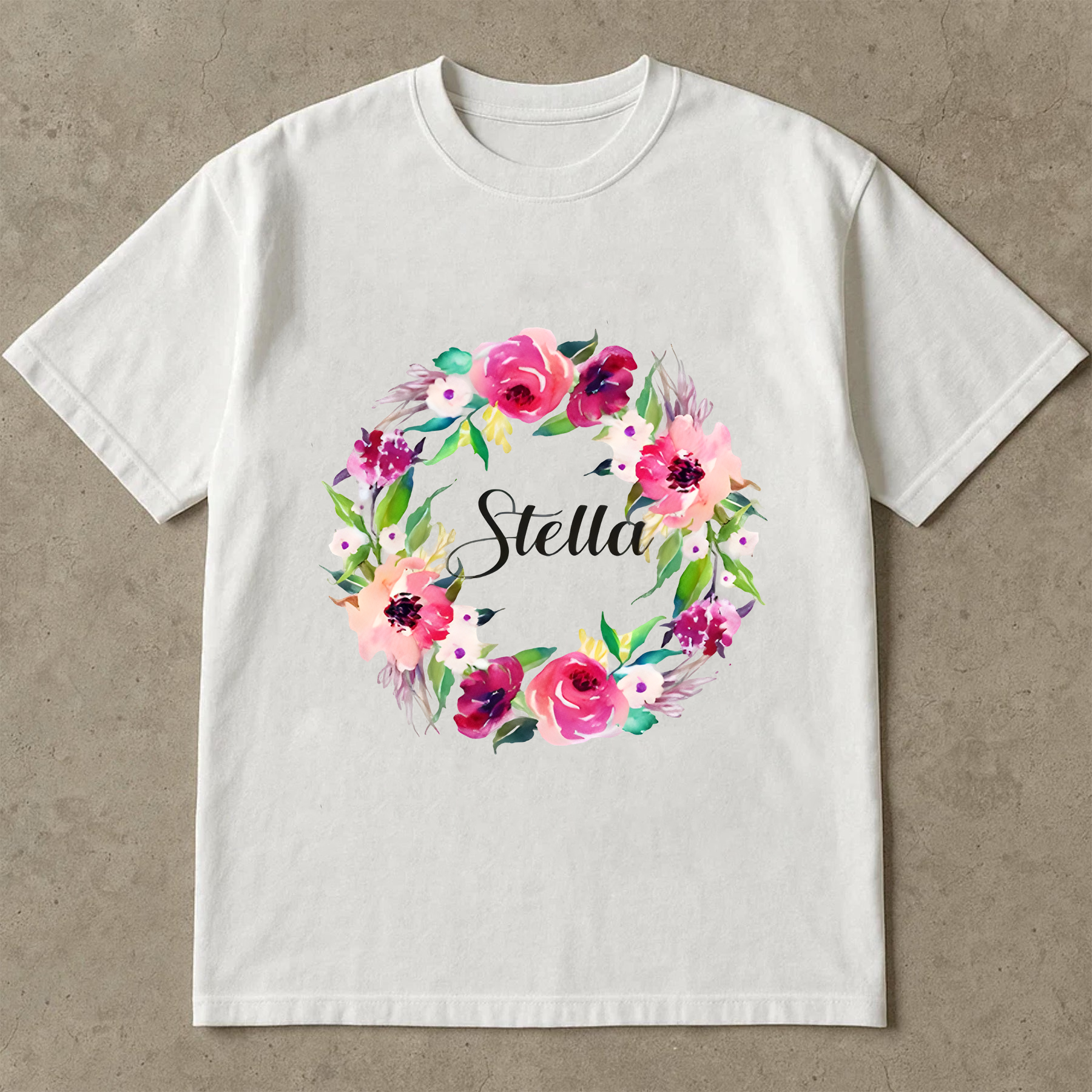 Stella Name Shirt, Custom Watercolor Floral Shirt, Personalized Name Tee, Colorful Wreath Shirt, Gift for Her, Custom Name Shirt