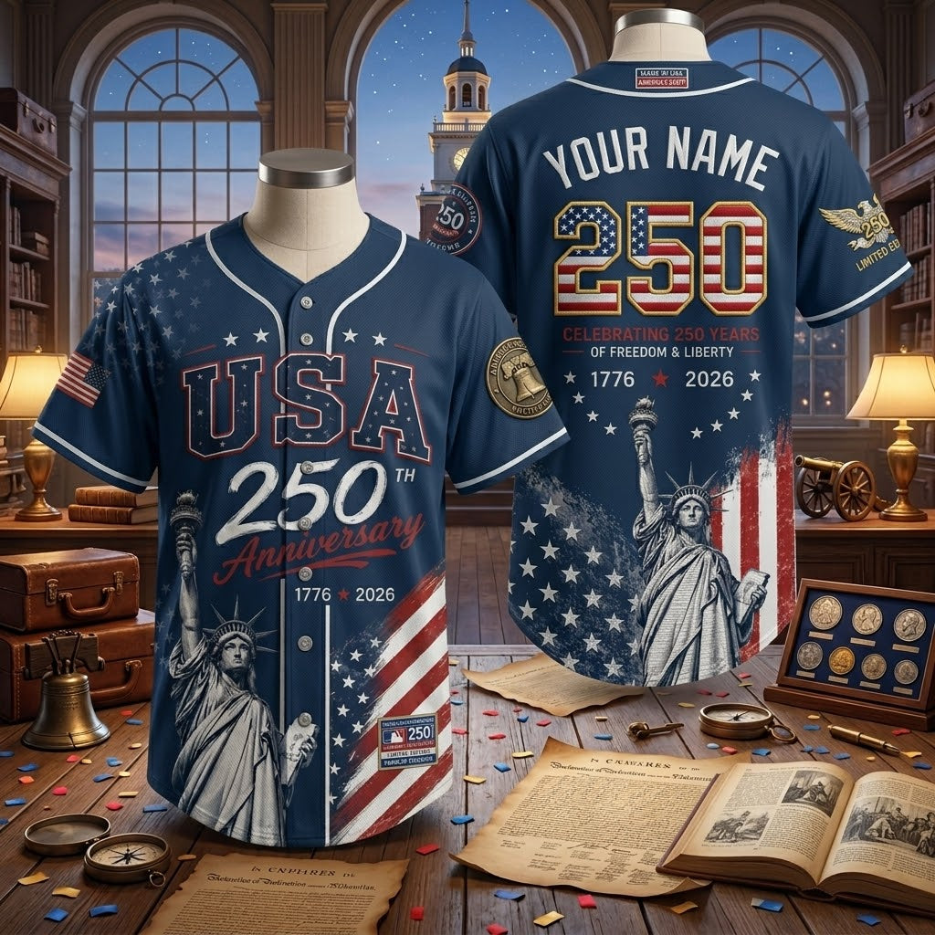 USA 250th Anniversary Baseball Jersey, Patriotic Liberty Print Jersey, 1776–2026 Independence Day Shirt, 4th of July Gift. BJPETAL10