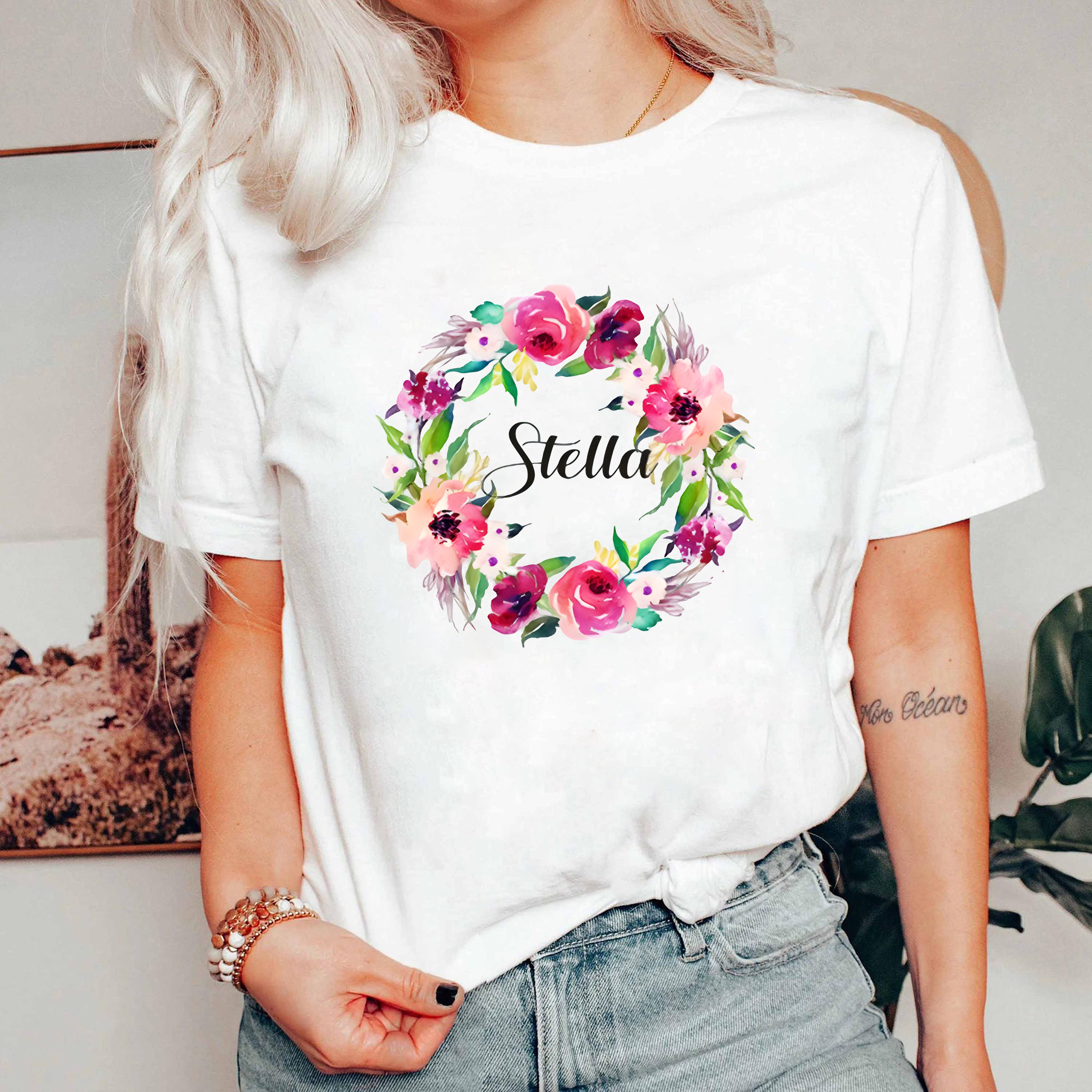 Stella Name Shirt, Custom Watercolor Floral Shirt, Personalized Name Tee, Colorful Wreath Shirt, Gift for Her, Custom Name Shirt
