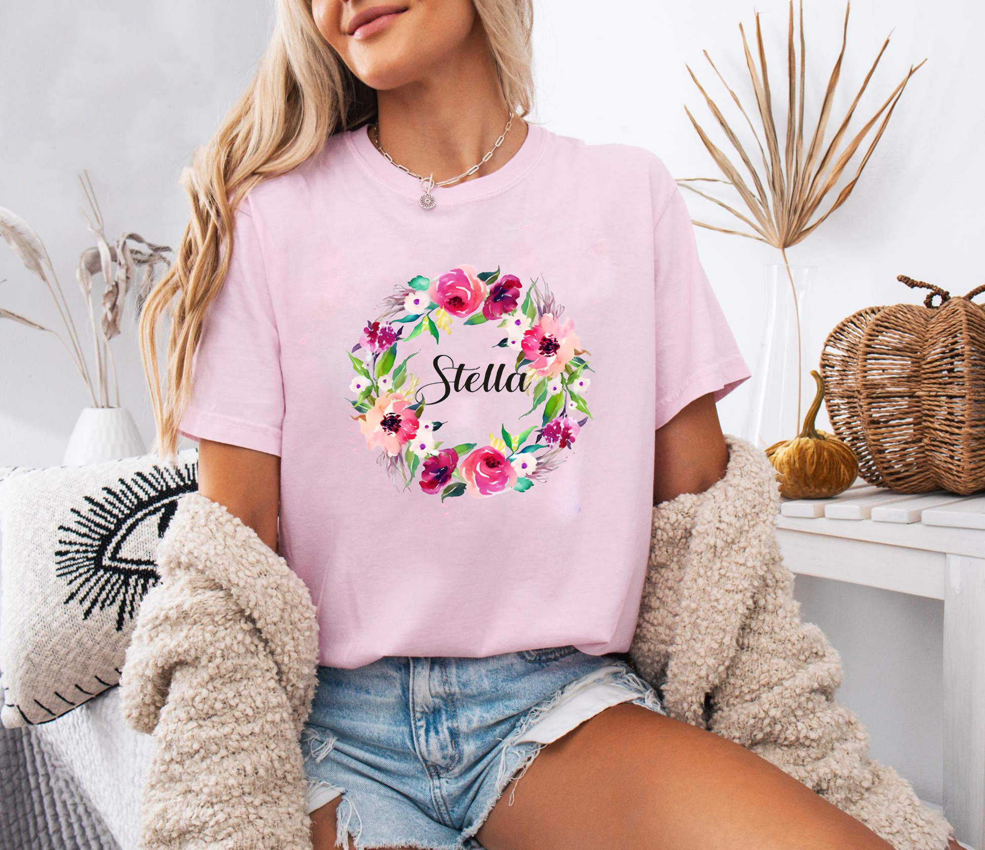 Stella Name Shirt, Custom Watercolor Floral Shirt, Personalized Name Tee, Colorful Wreath Shirt, Gift for Her, Custom Name Shirt