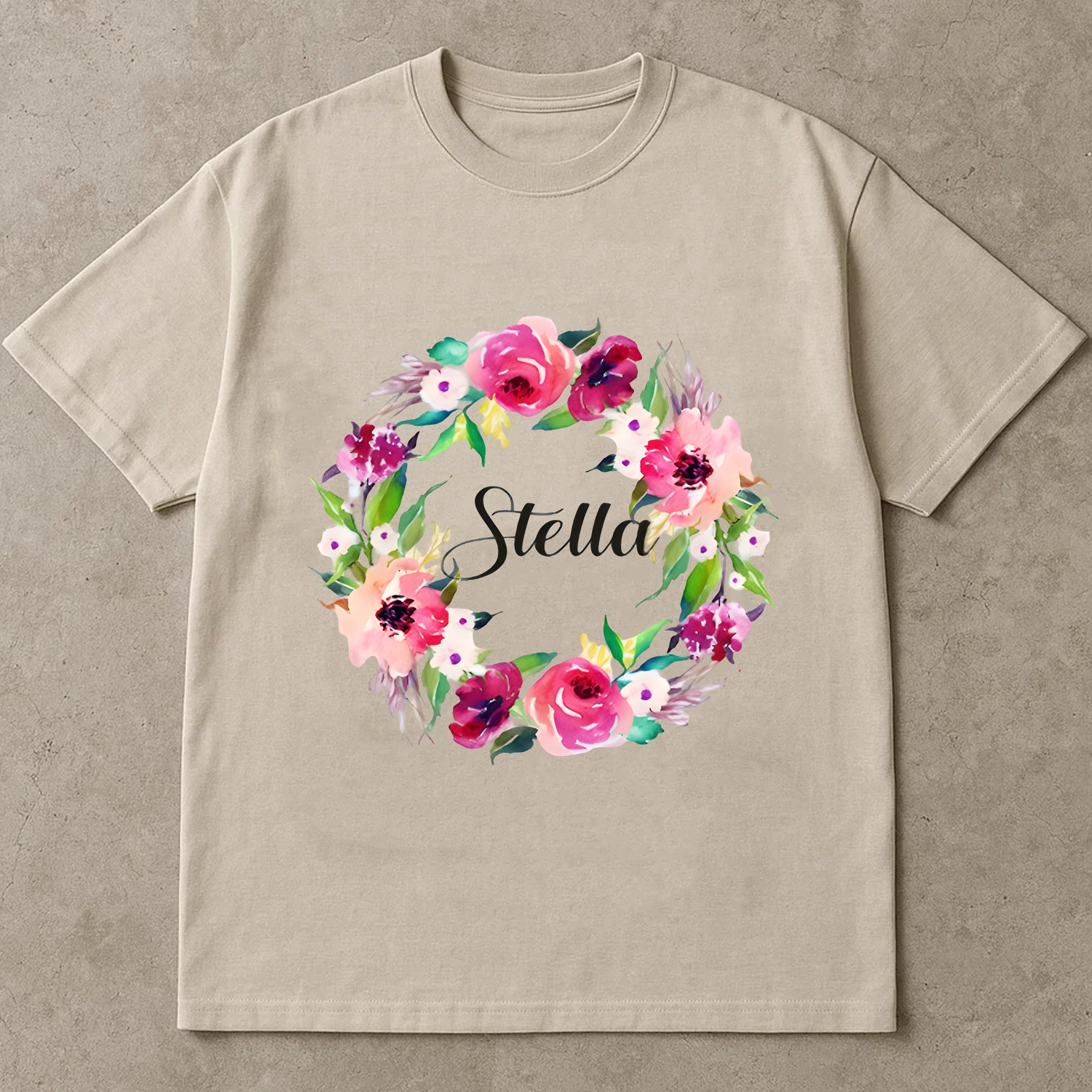 Stella Name Shirt, Custom Watercolor Floral Shirt, Personalized Name Tee, Colorful Wreath Shirt, Gift for Her, Custom Name Shirt